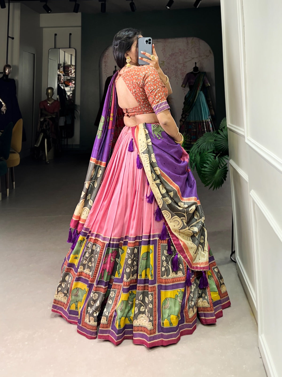 Women's Tussar Silk Lehenga Choli Set with Floral and Foil Print