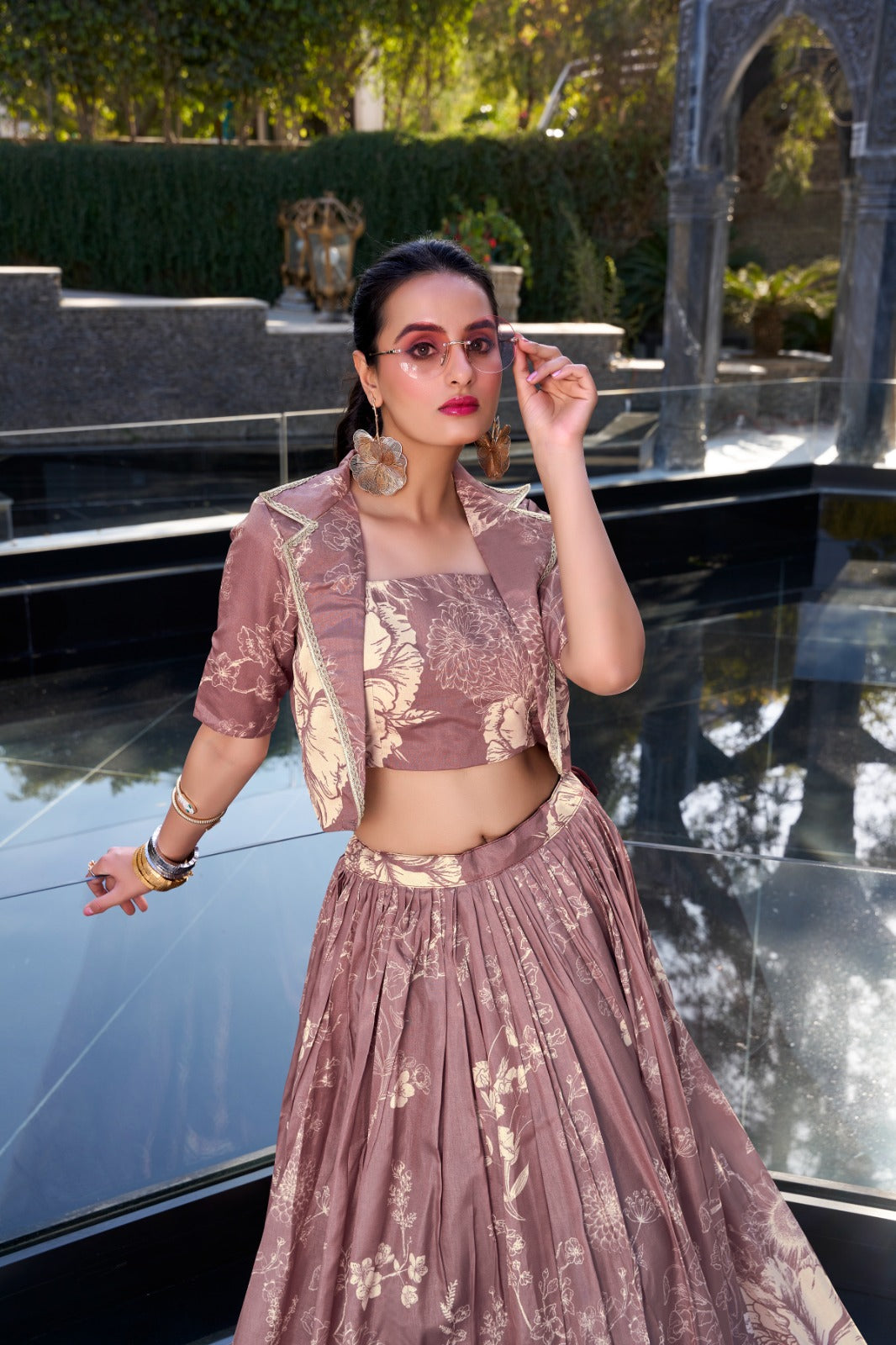 Tussar Silk Floral Print Jacket Lehenga Set Festive Wear