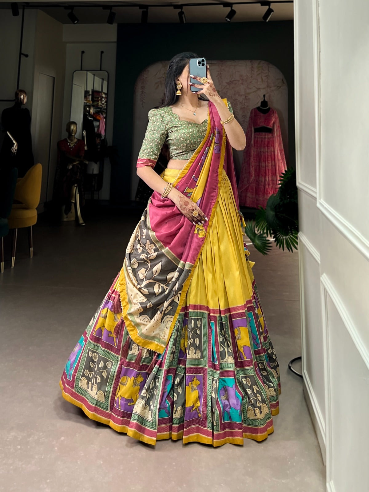 Women's Tussar Silk Lehenga Choli Set with Floral and Foil Print