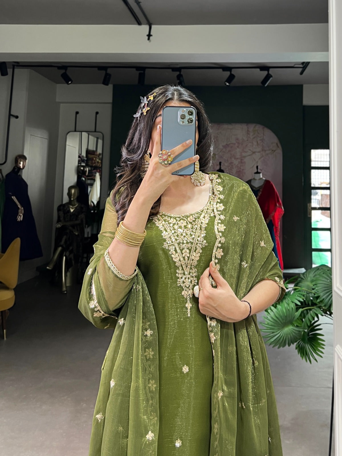 Mehendi Kurti Pant in Gold Coin With Sequence Embroidery and Dupatta