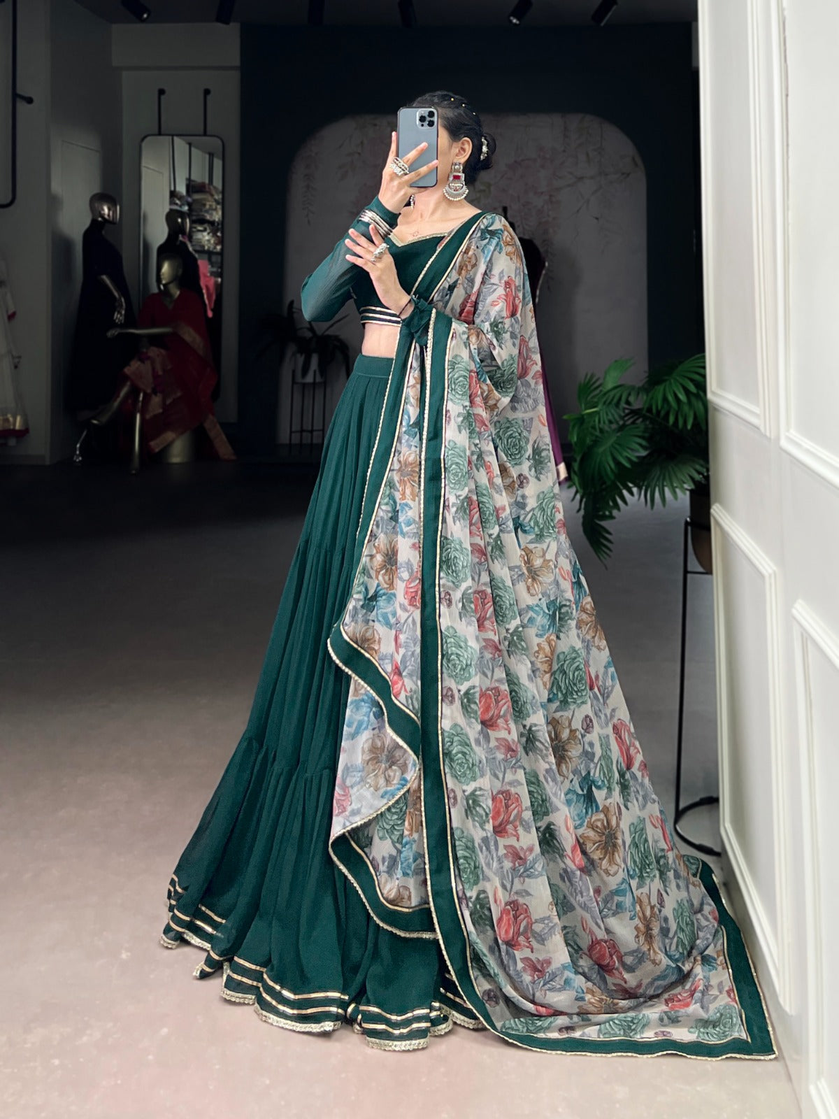 Memorial Green Thread embroidered Work Georgette Lehenga Choli