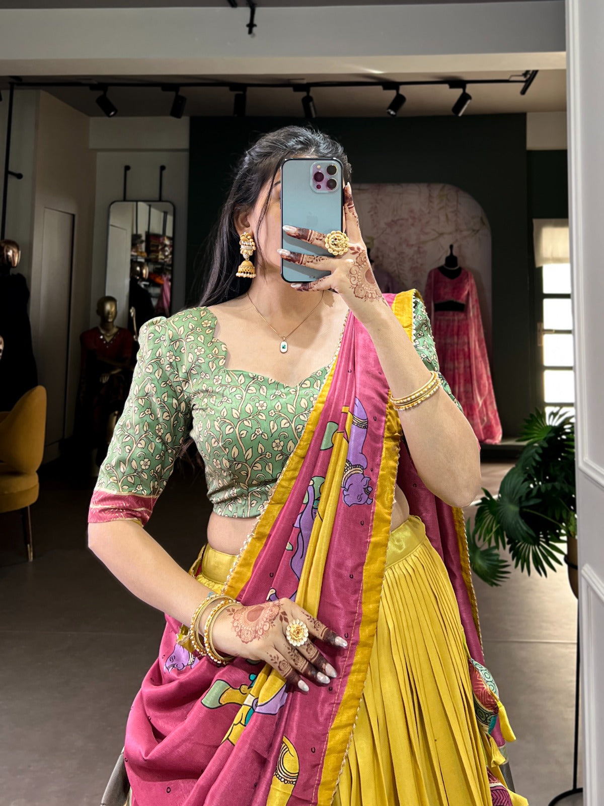Women's Tussar Silk Lehenga Choli Set with Floral and Foil Print