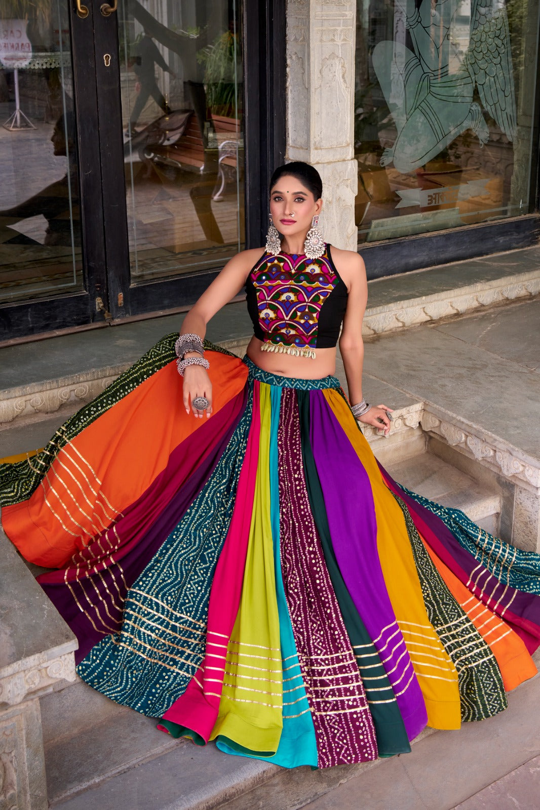 Multi Color Original Mirror Gamthi Work With Lace Touch Up Rayon Chaniya Choli