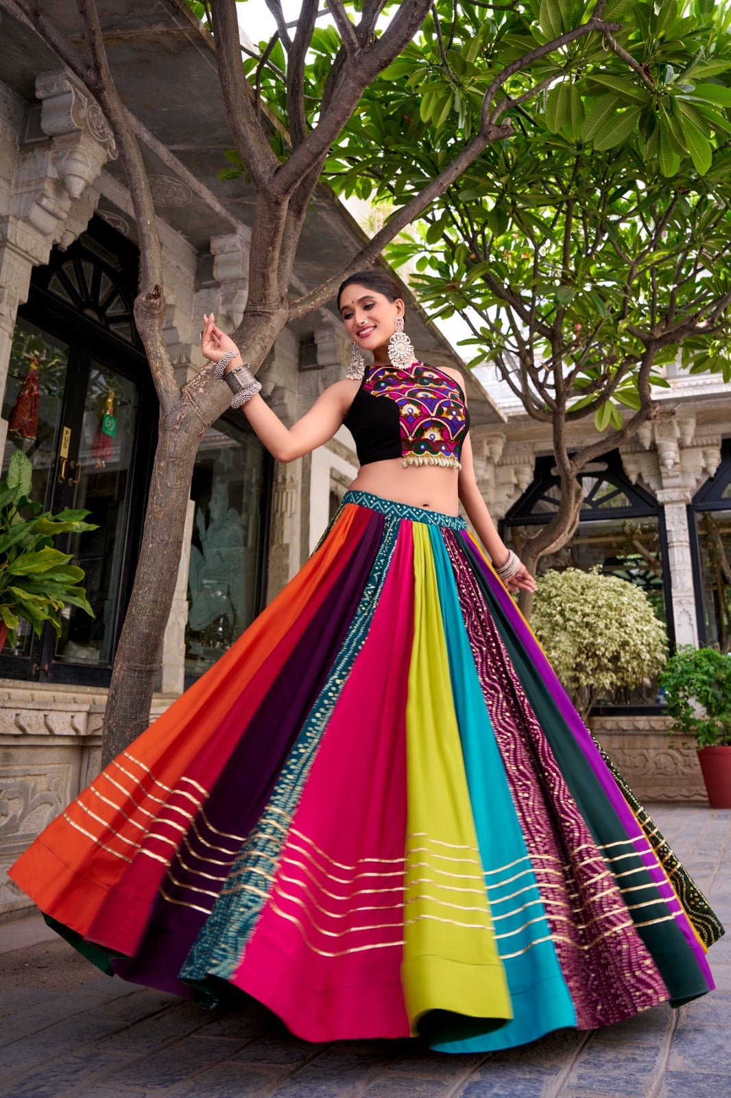 Multi Color Original Mirror Gamthi Work With Lace Touch Up Rayon Chaniya Choli
