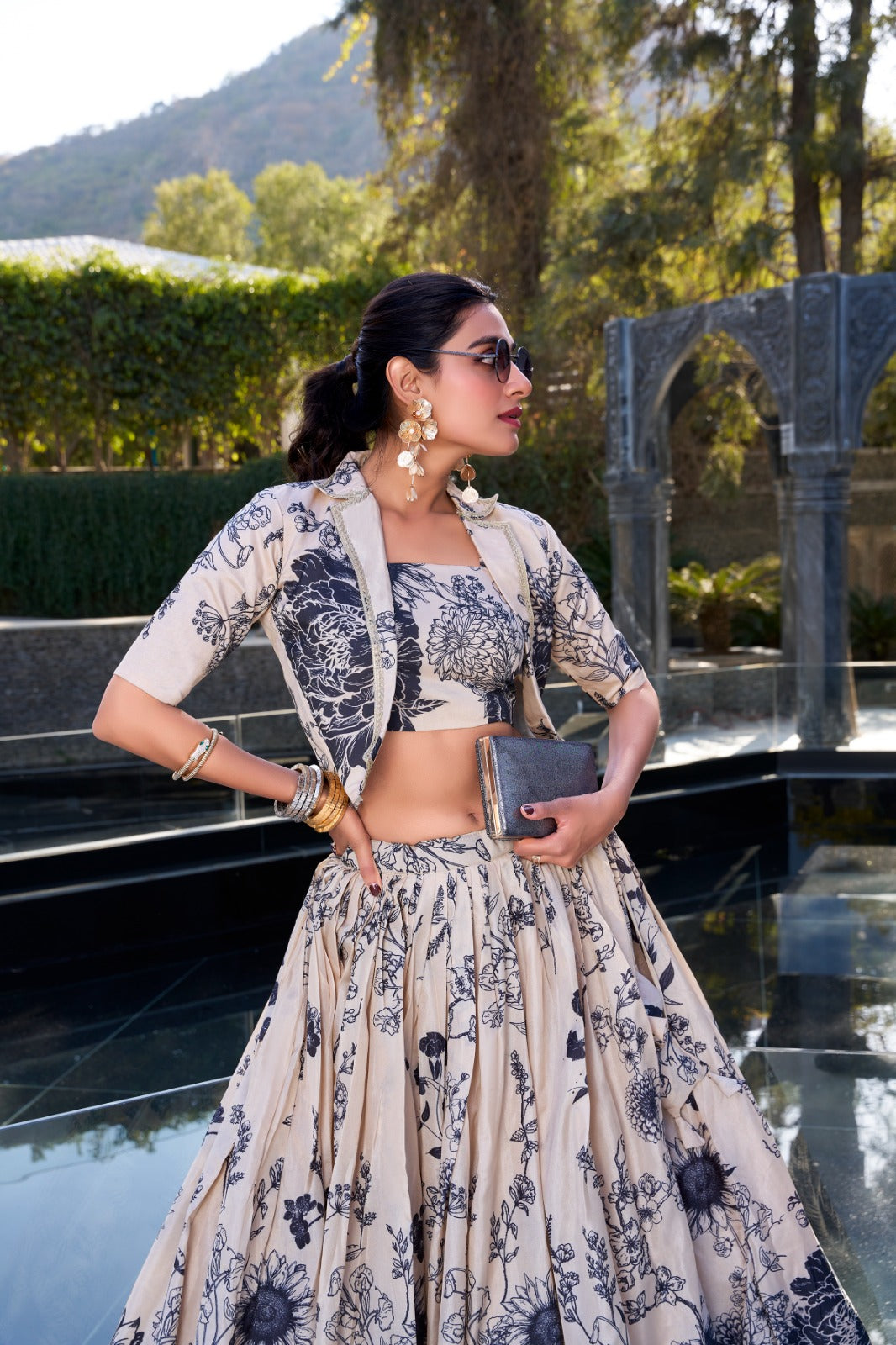 Tussar Silk Floral Print Jacket Lehenga Set Festive Wear