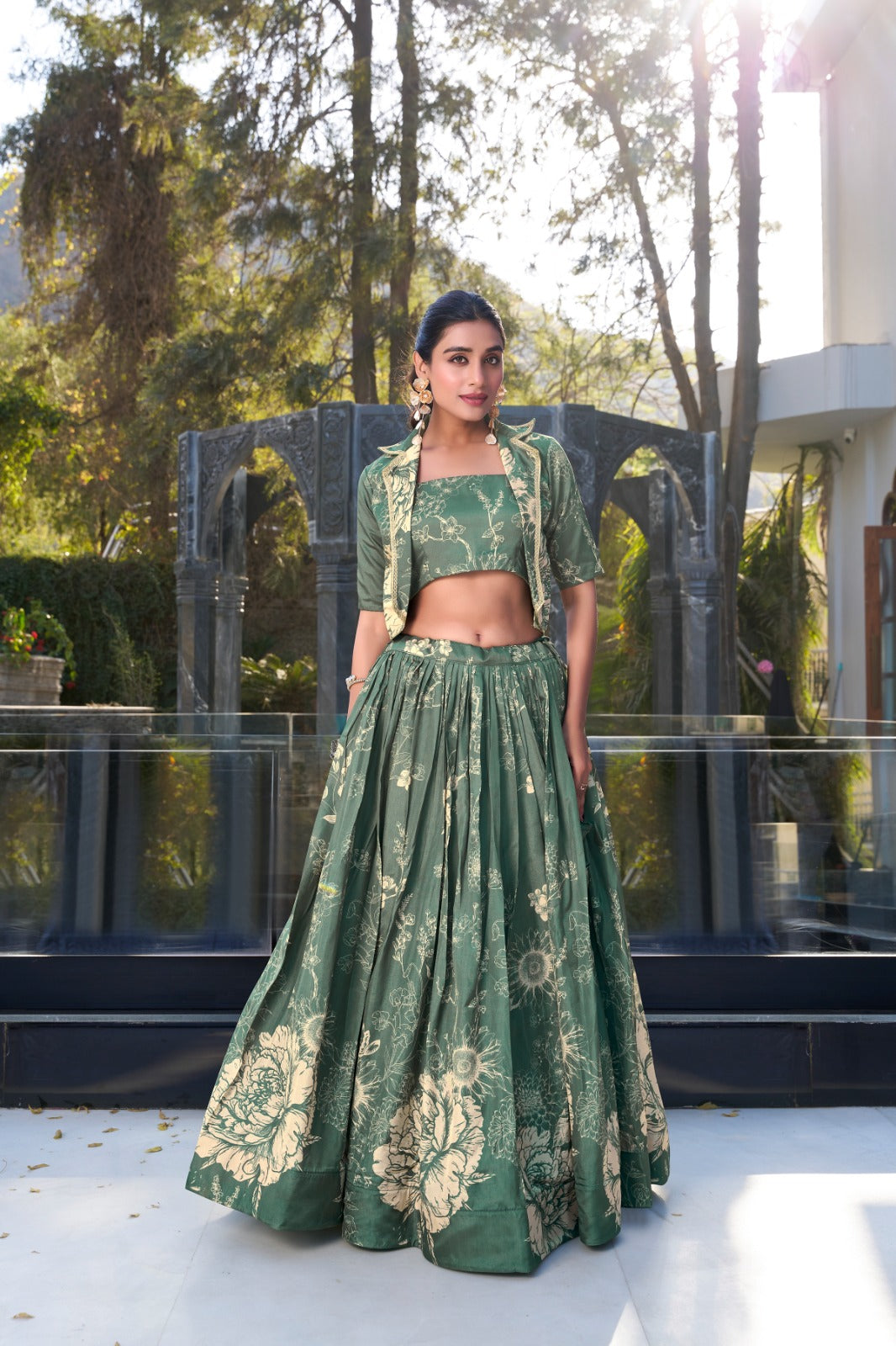 Tussar Silk Floral Print Jacket Lehenga Set Festive Wear