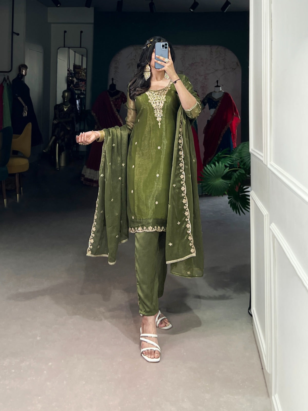 Mehendi Kurti Pant in Gold Coin With Sequence Embroidery and Dupatta