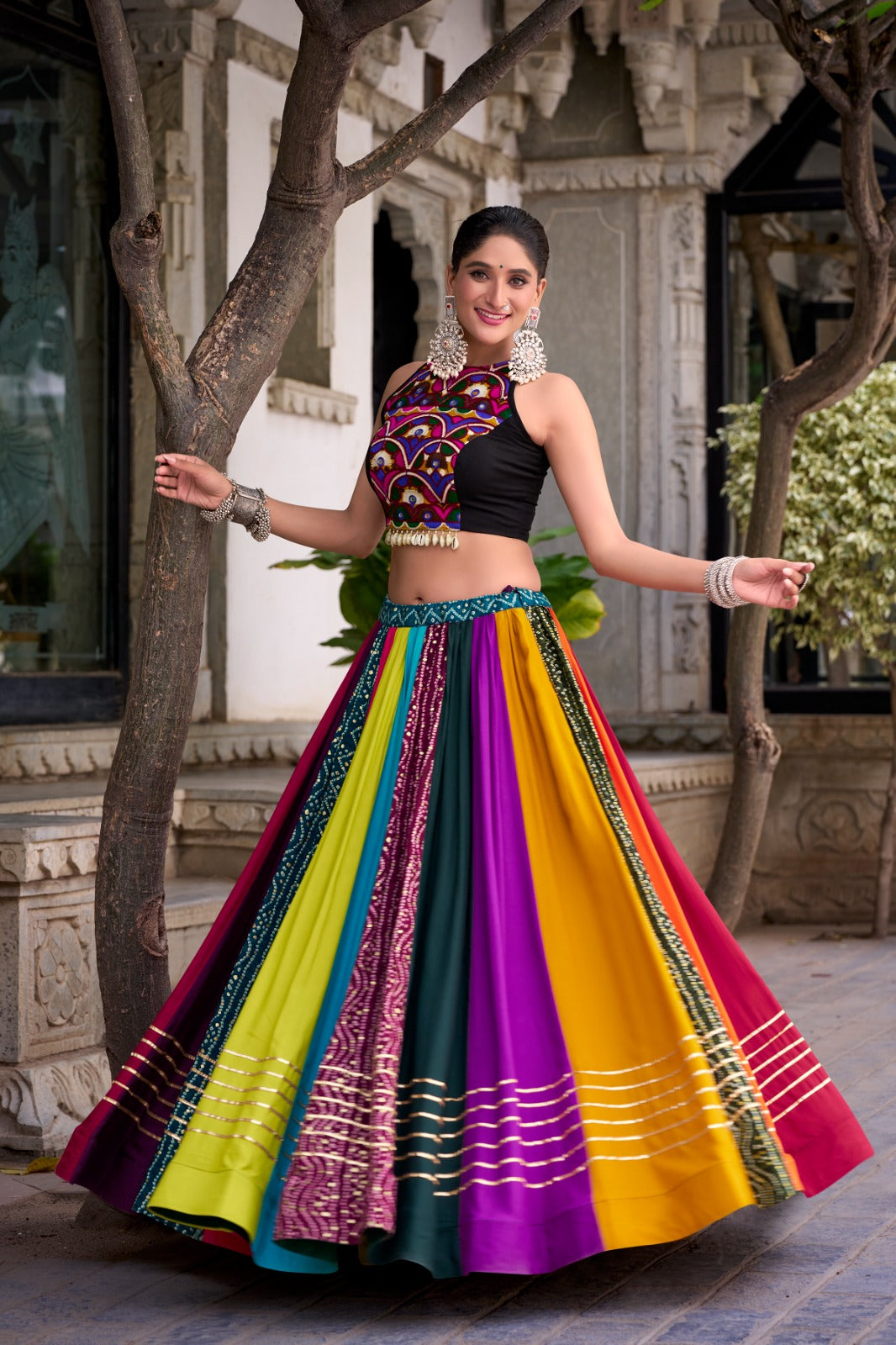 Multi Color Original Mirror Gamthi Work With Lace Touch Up Rayon Chaniya Choli