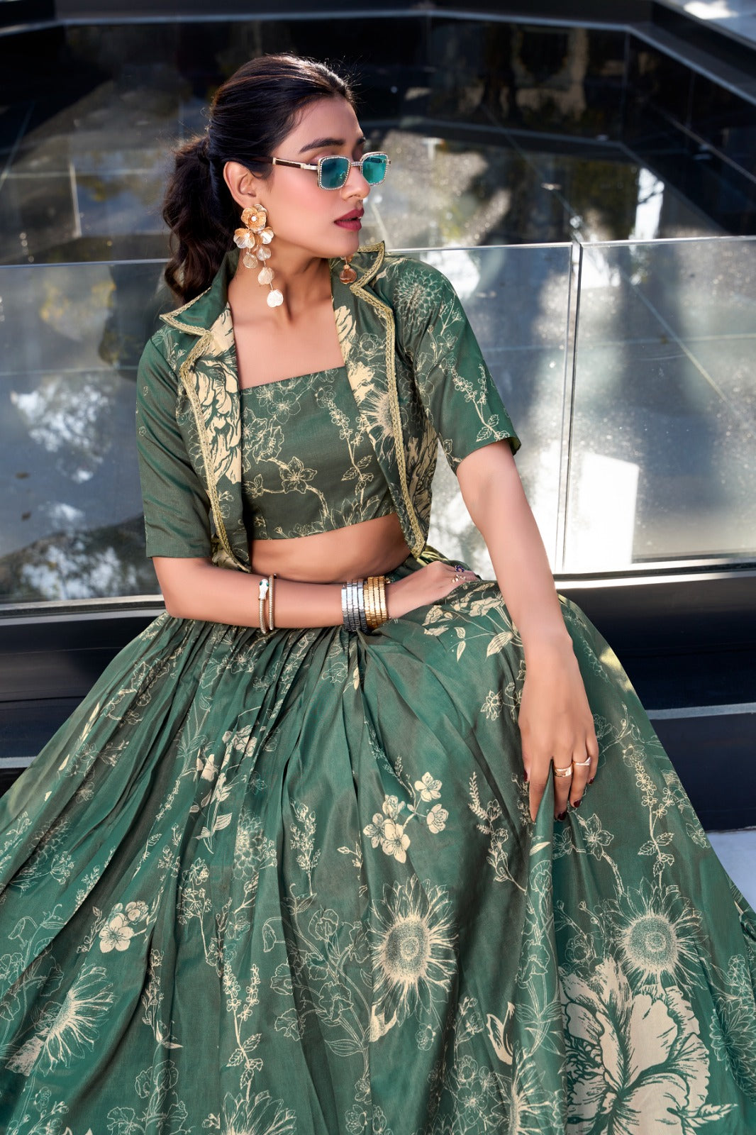 Tussar Silk Floral Print Jacket Lehenga Set Festive Wear
