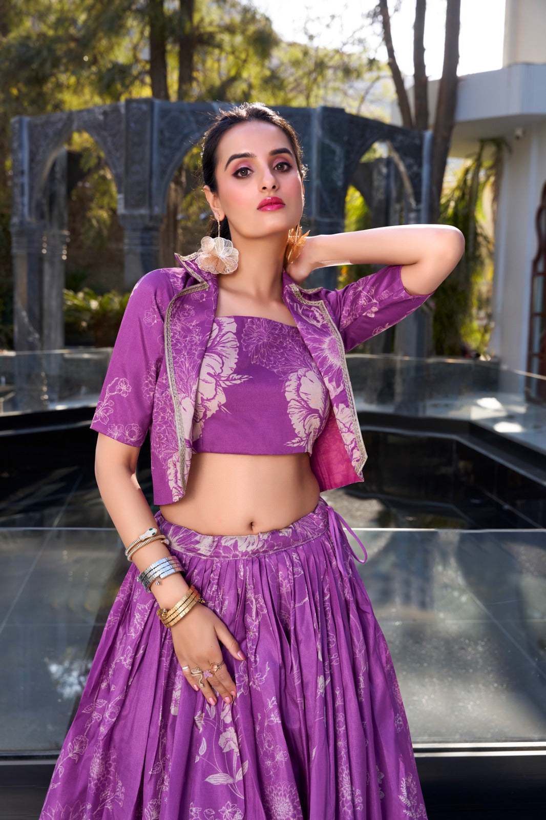 Tussar Silk Floral Print Jacket Lehenga Set Festive Wear