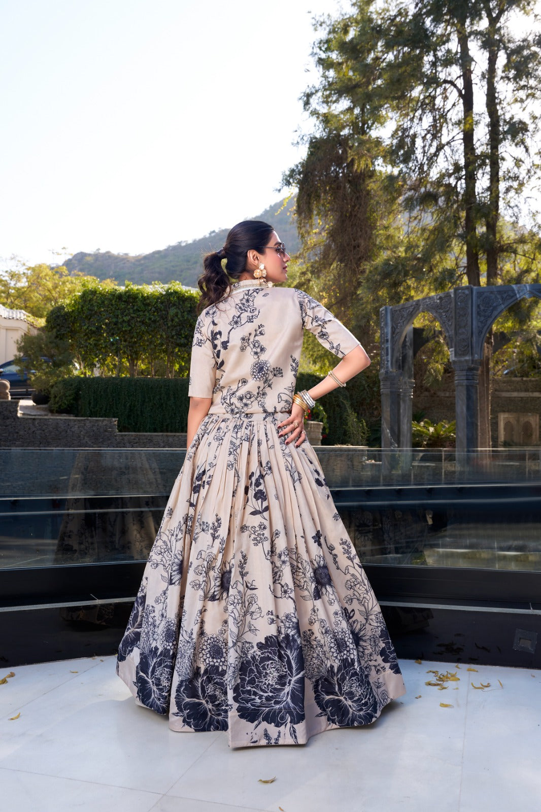 Tussar Silk Floral Print Jacket Lehenga Set Festive Wear
