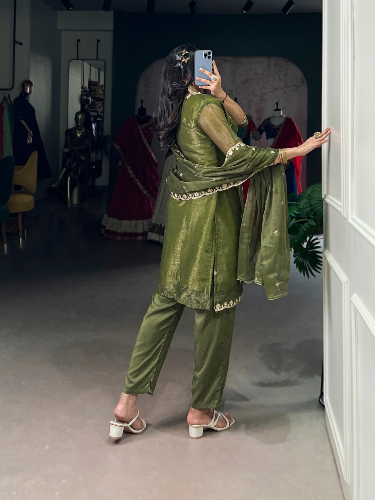 Mehendi Kurti Pant in Gold Coin With Sequence Embroidery and Dupatta