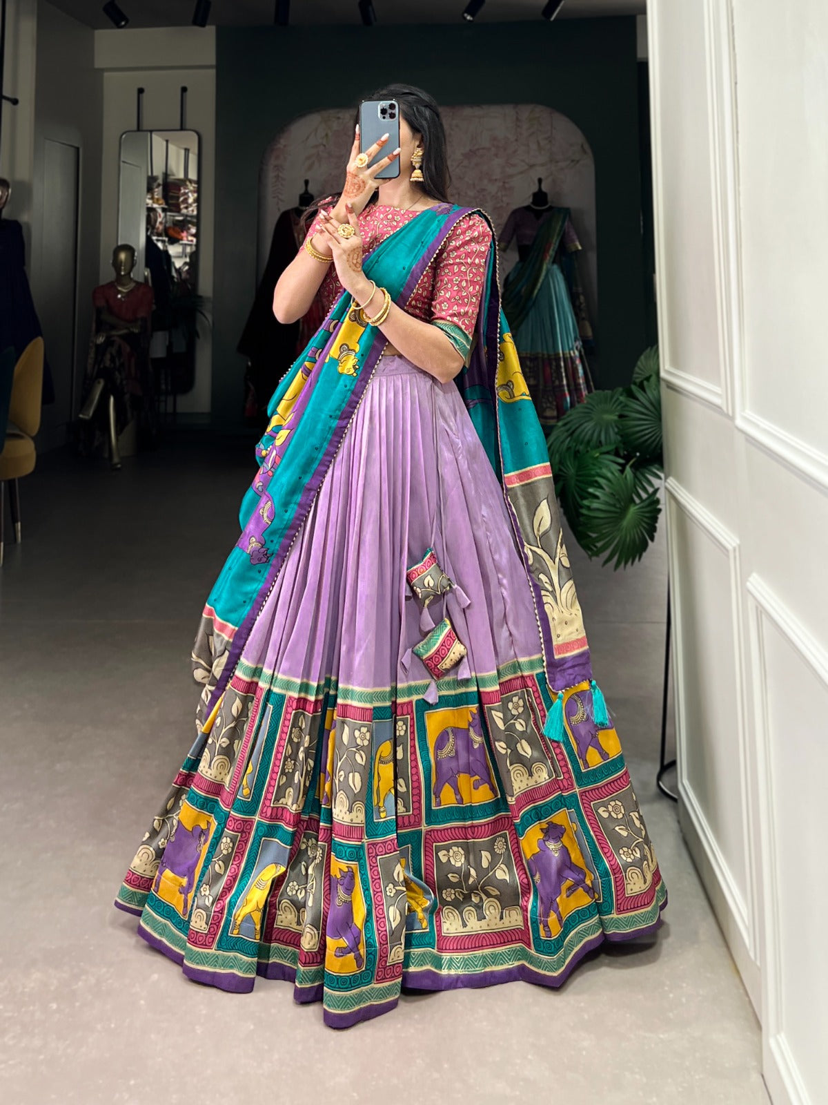 Women's Tussar Silk Lehenga Choli Set with Floral and Foil Print