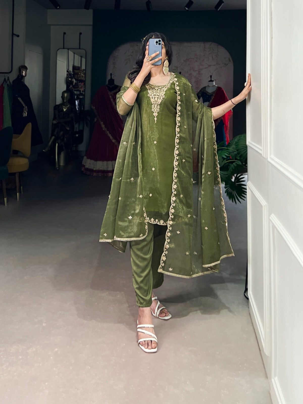 Mehendi Kurti Pant in Gold Coin With Sequence Embroidery and Dupatta