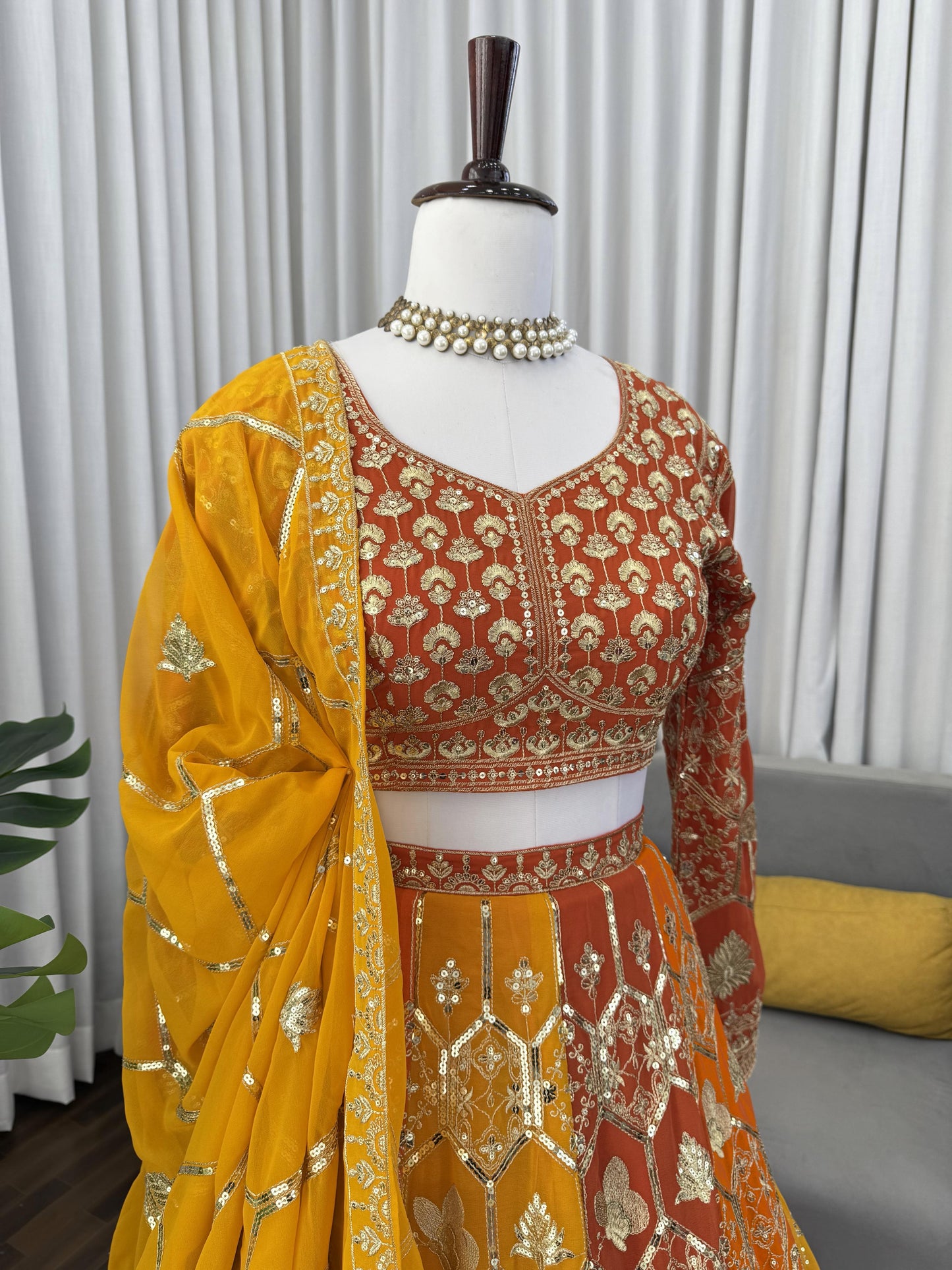 Foux Gorgette Intricate Thread & Sequnce Embroidery Lehenga