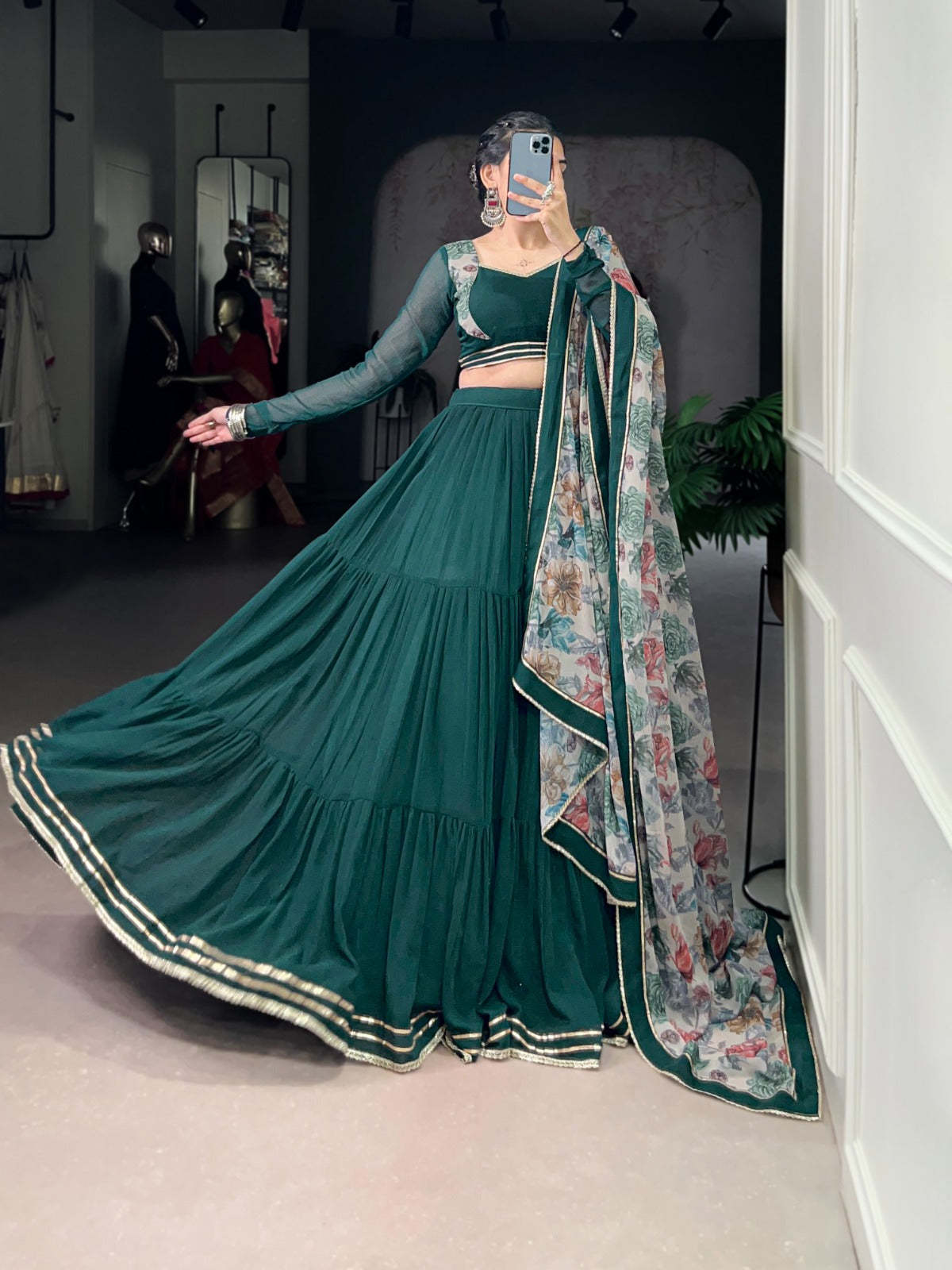 Memorial Green Thread embroidered Work Georgette Lehenga Choli