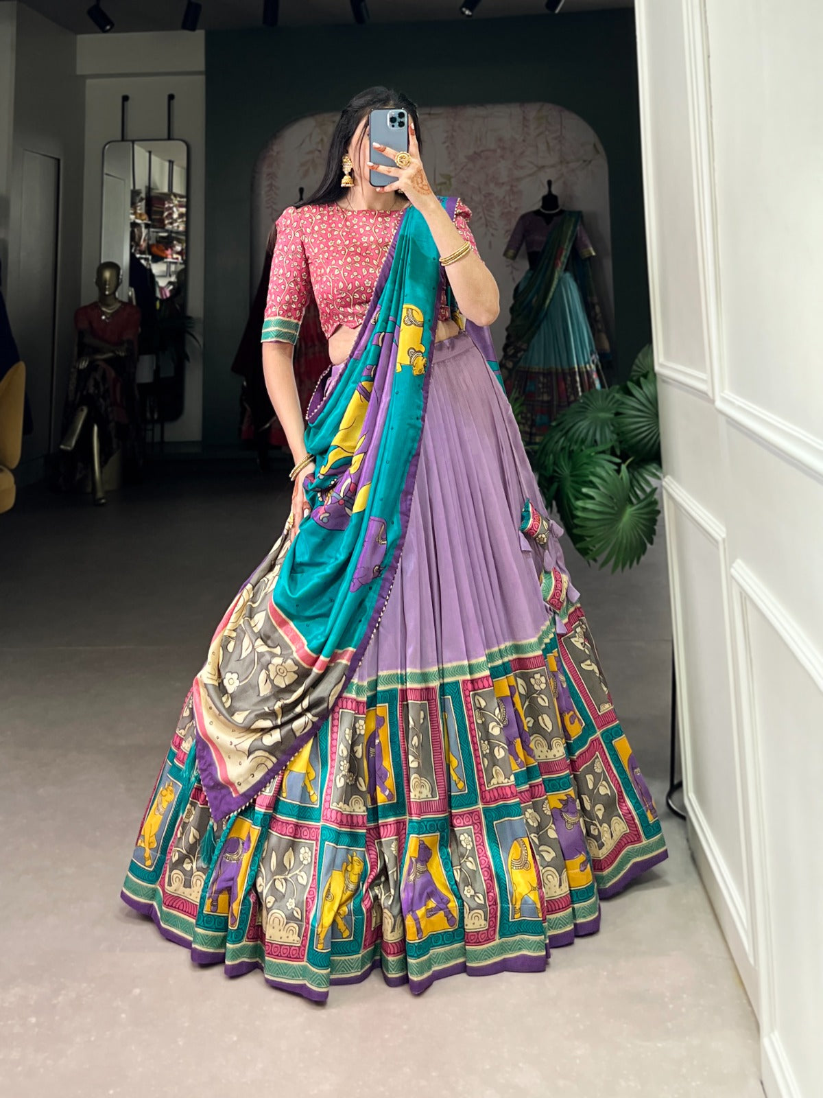 Women's Tussar Silk Lehenga Choli Set with Floral and Foil Print