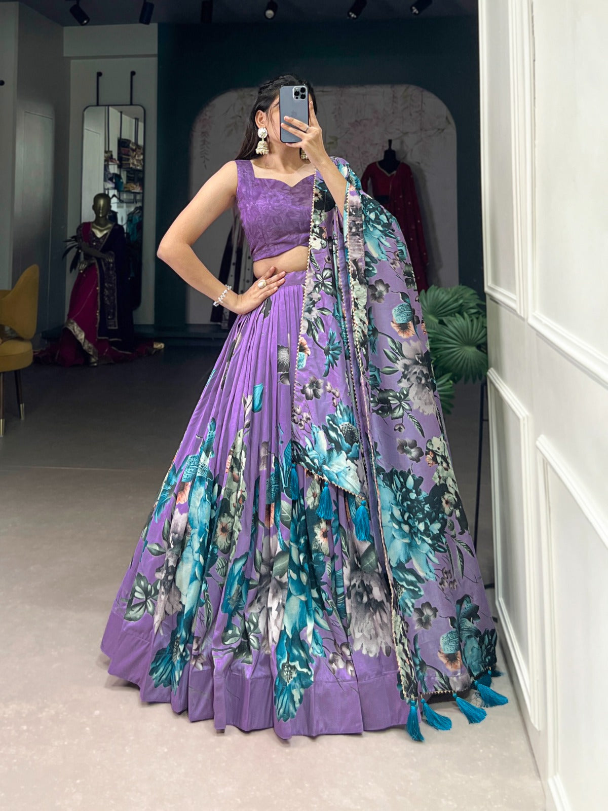 In a world of monochrome, be the burst of color in a floral print lehenga