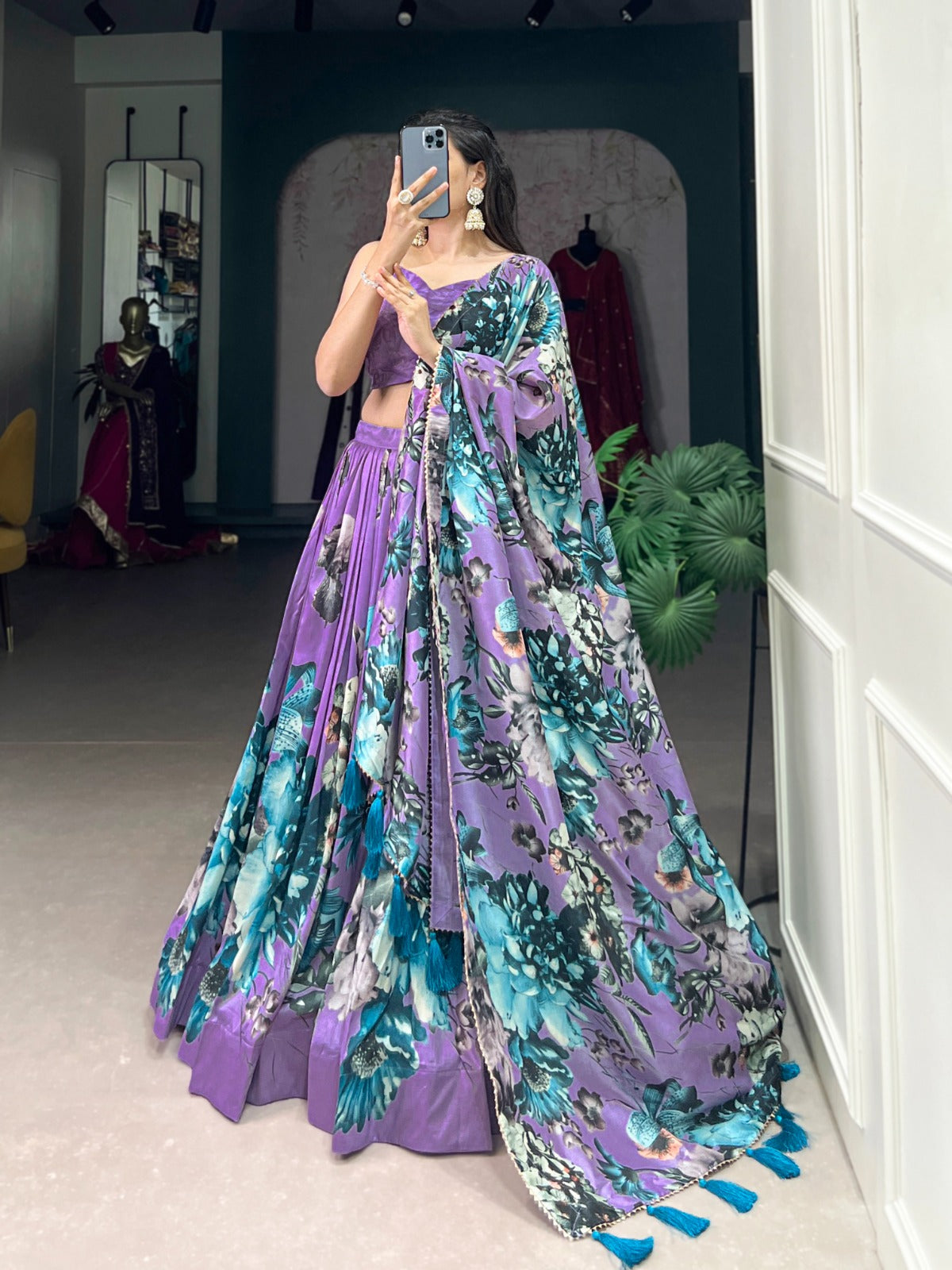 In a world of monochrome, be the burst of color in a floral print lehenga