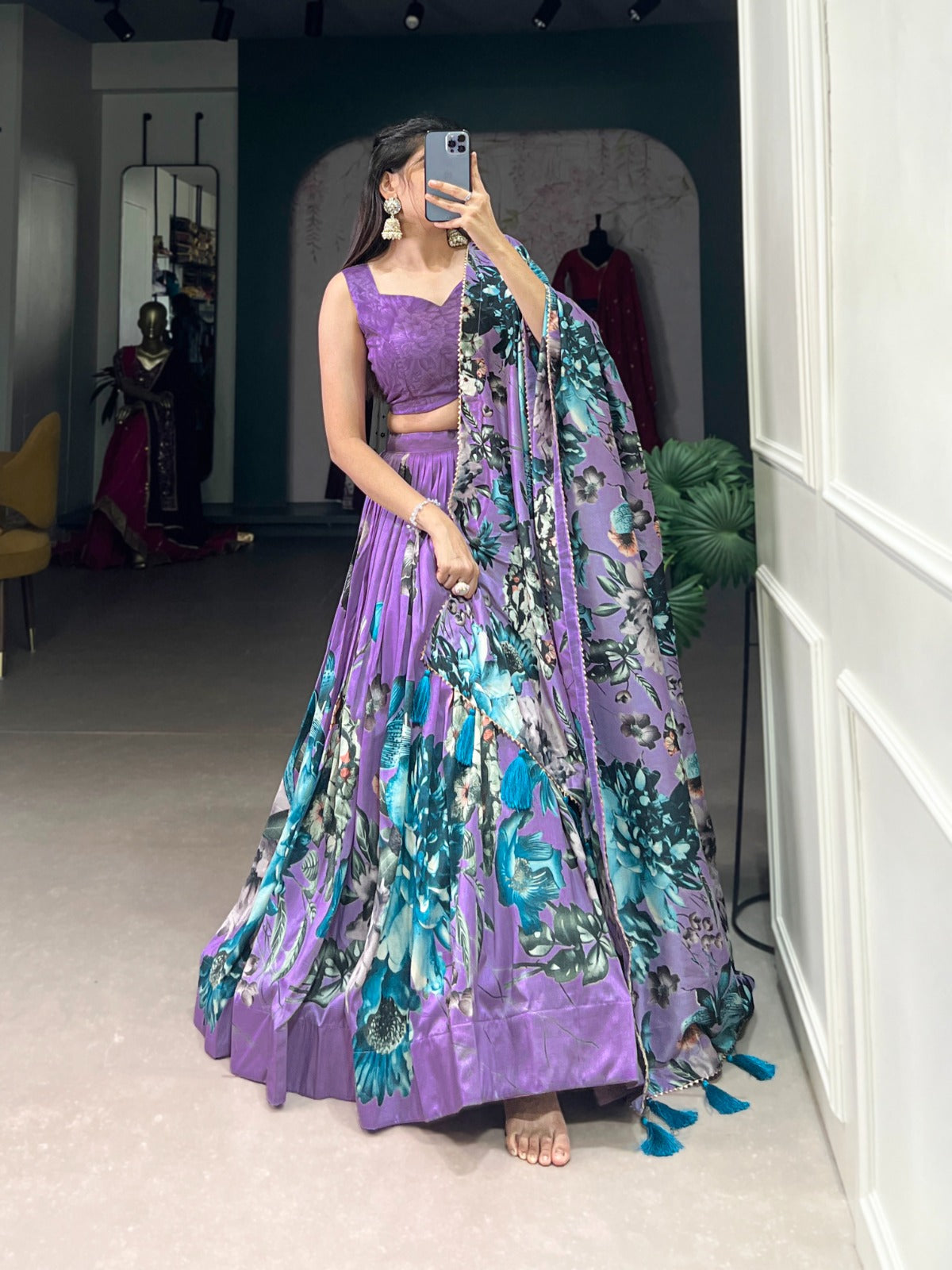 In a world of monochrome, be the burst of color in a floral print lehenga