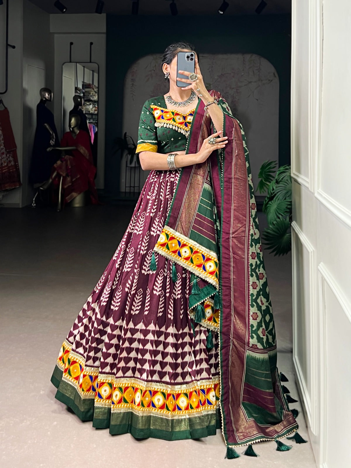 A festive blend of elegance and culture – Tasar silk with intricate Gamthi work, perfect for Navratri nights