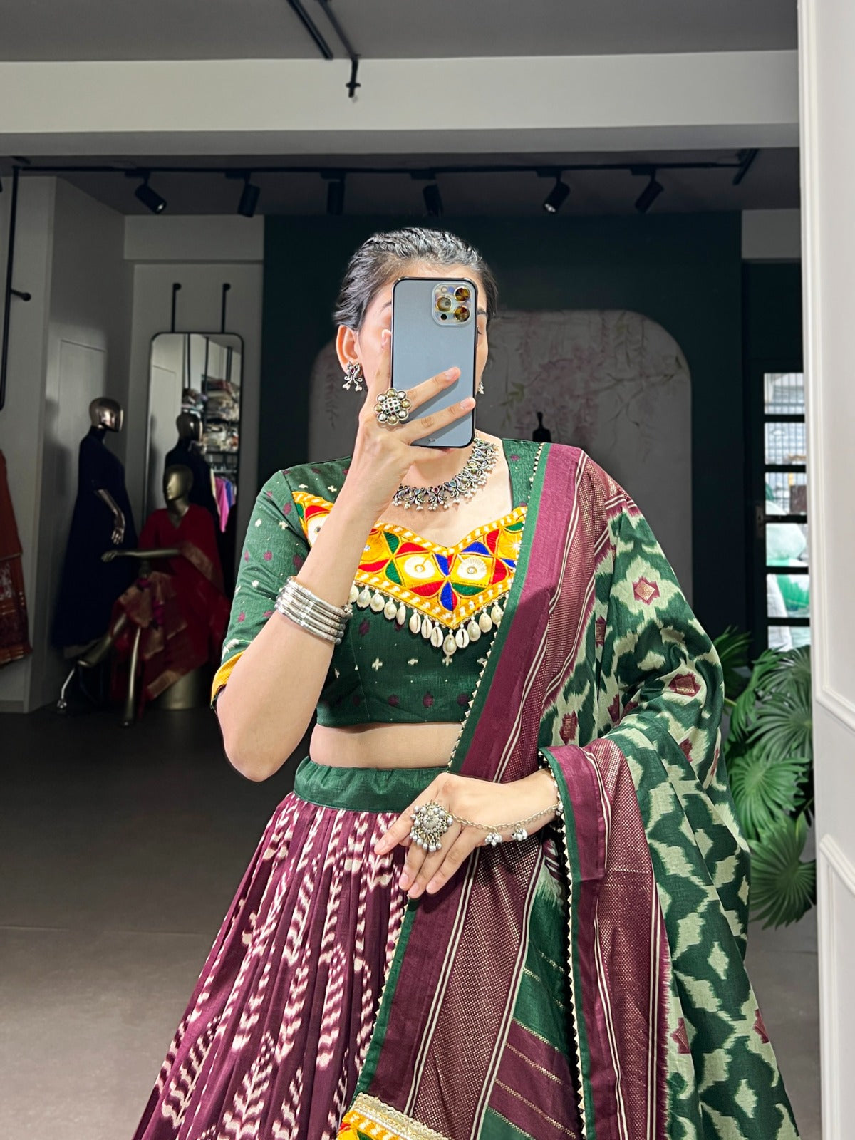 A festive blend of elegance and culture – Tasar silk with intricate Gamthi work, perfect for Navratri nights