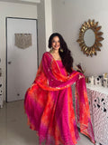 Comfortable gown with faux georgette fabric with printed work with stitched pant and dupatta