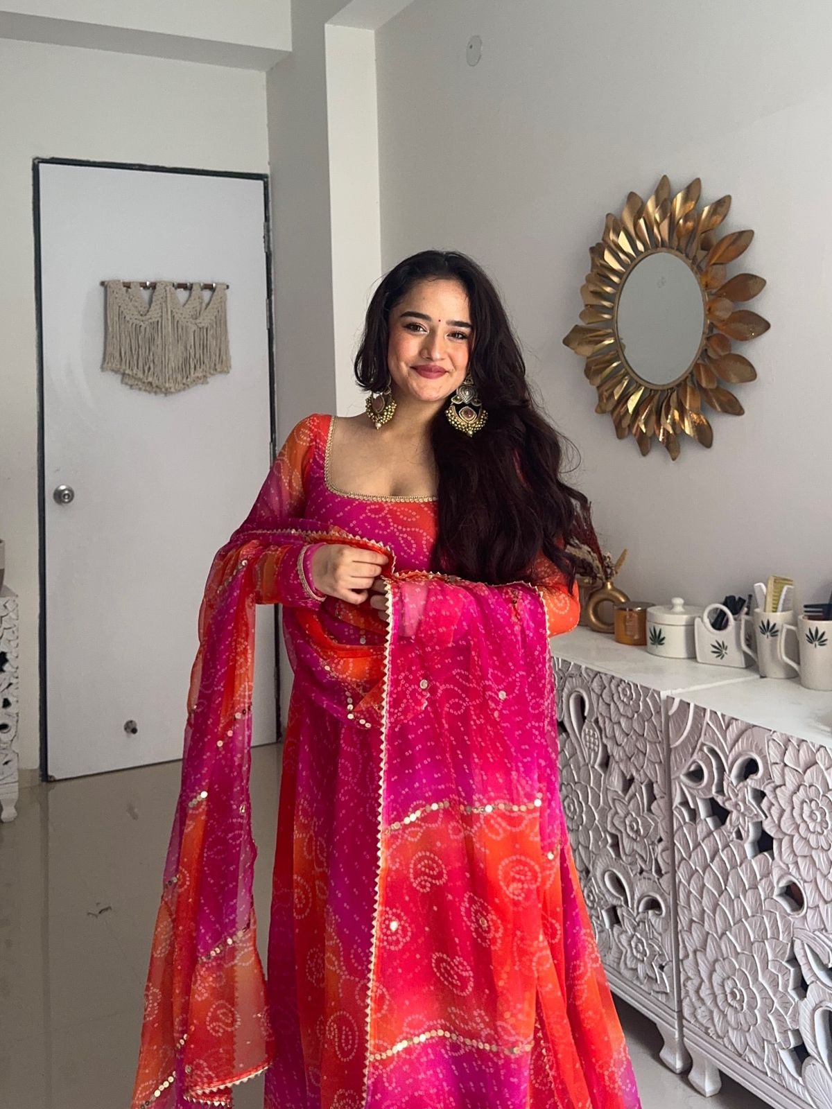 Comfortable gown with faux georgette fabric with printed work with stitched pant and dupatta