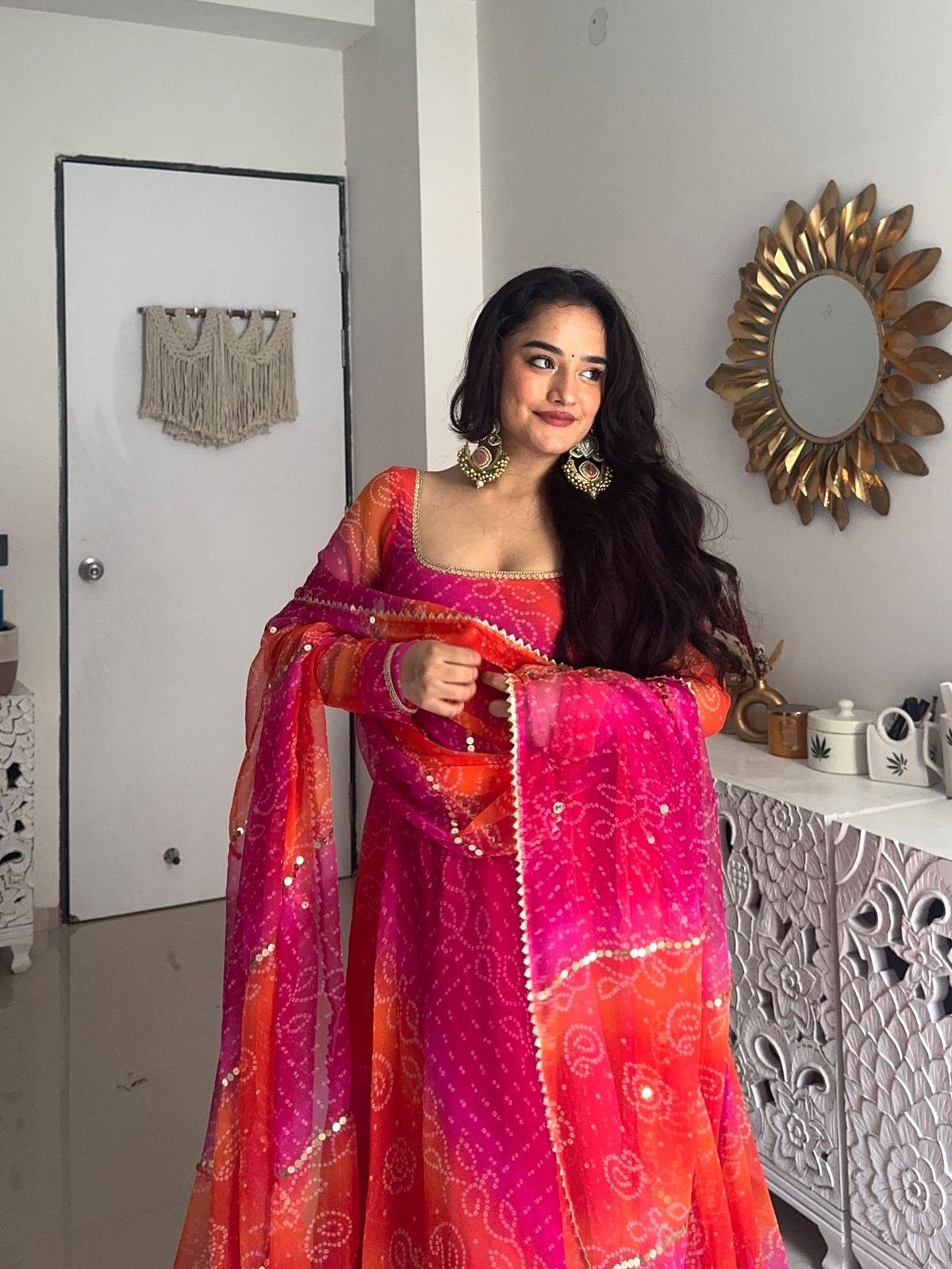 Comfortable gown with faux georgette fabric with printed work with stitched pant and dupatta