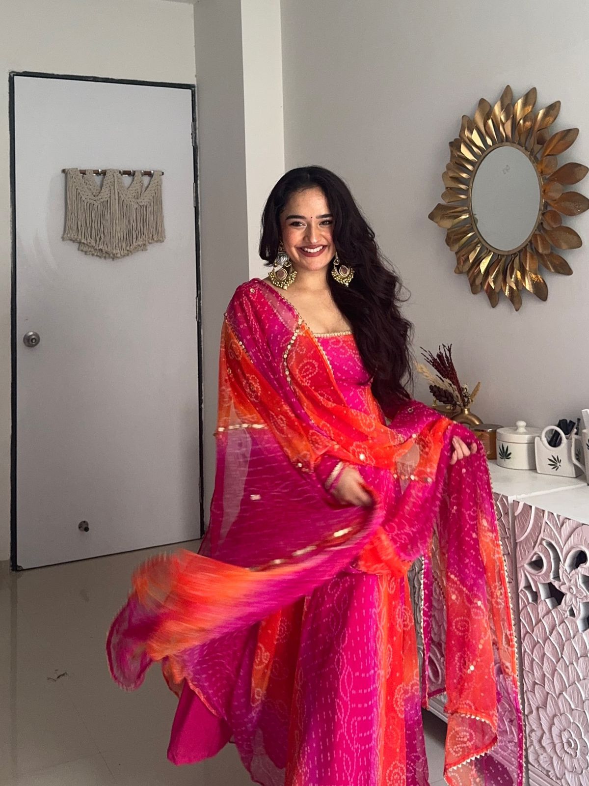 Comfortable gown with faux georgette fabric with printed work with stitched pant and dupatta