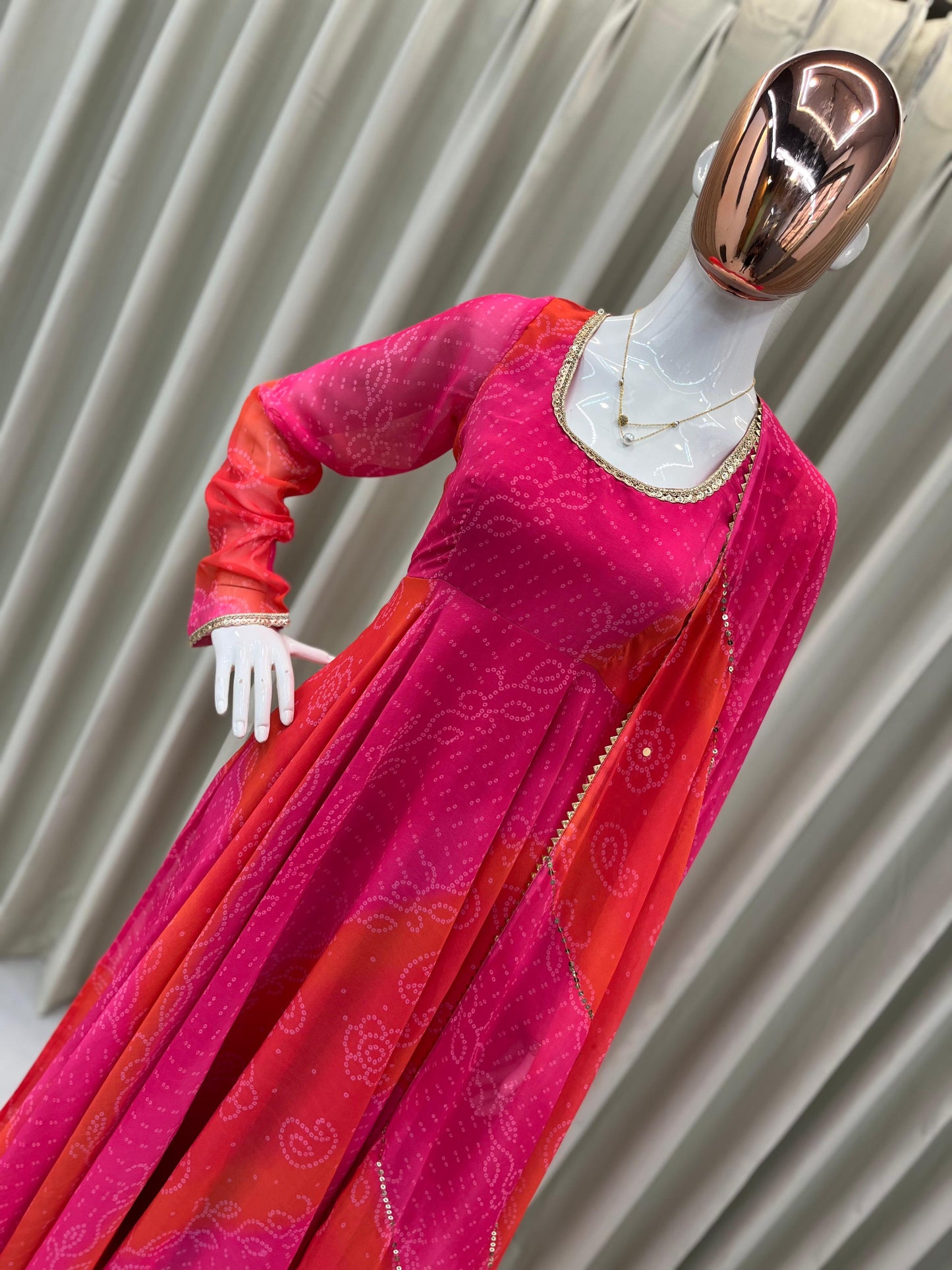 Comfortable gown with faux georgette fabric with printed work with stitched pant and dupatta