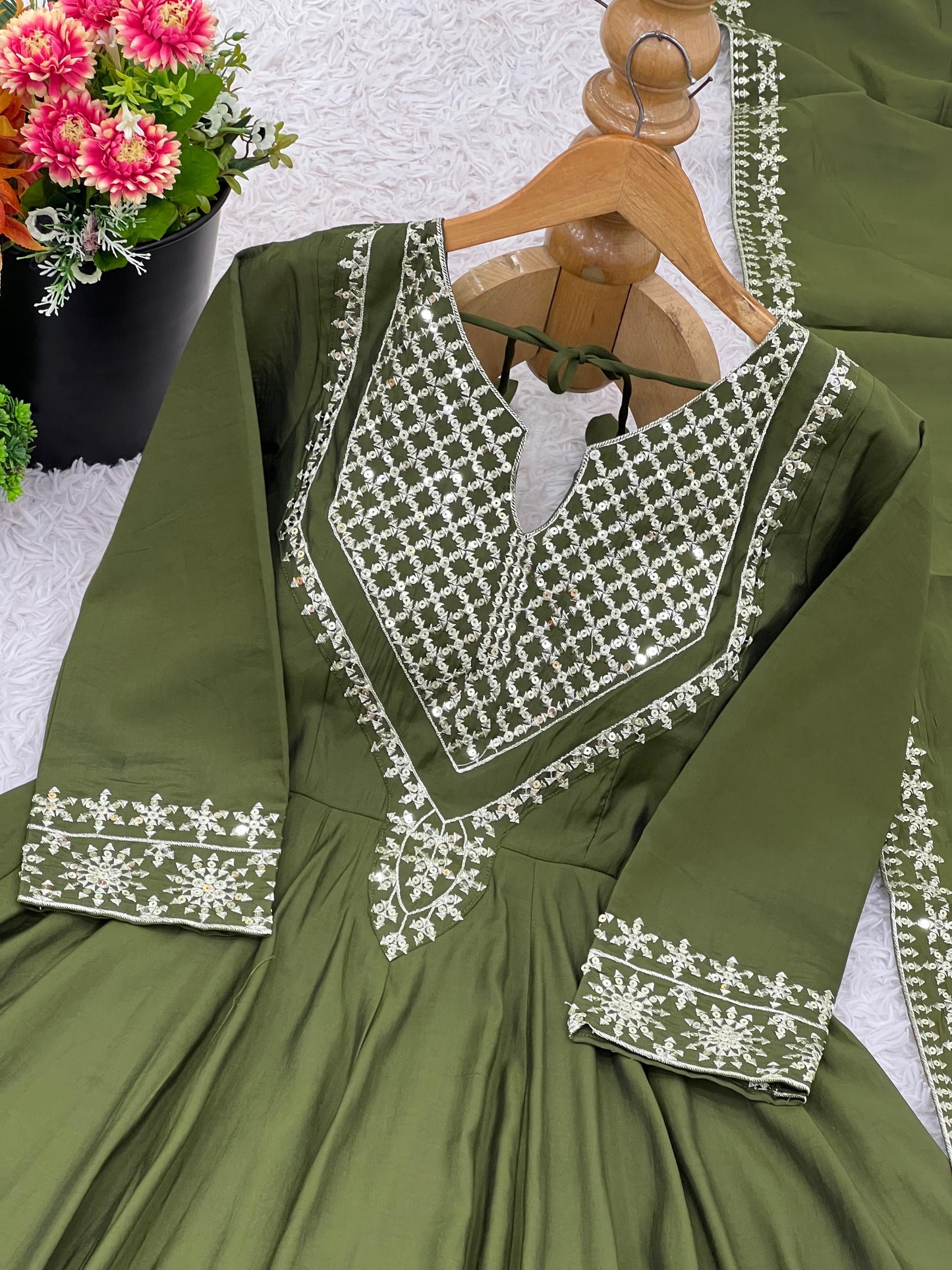 Presenting New Designer Collection In Roman simmer silk With Embroidery Work Top-Bottom And Dupatta Set Fully Stitched Ready To Wear