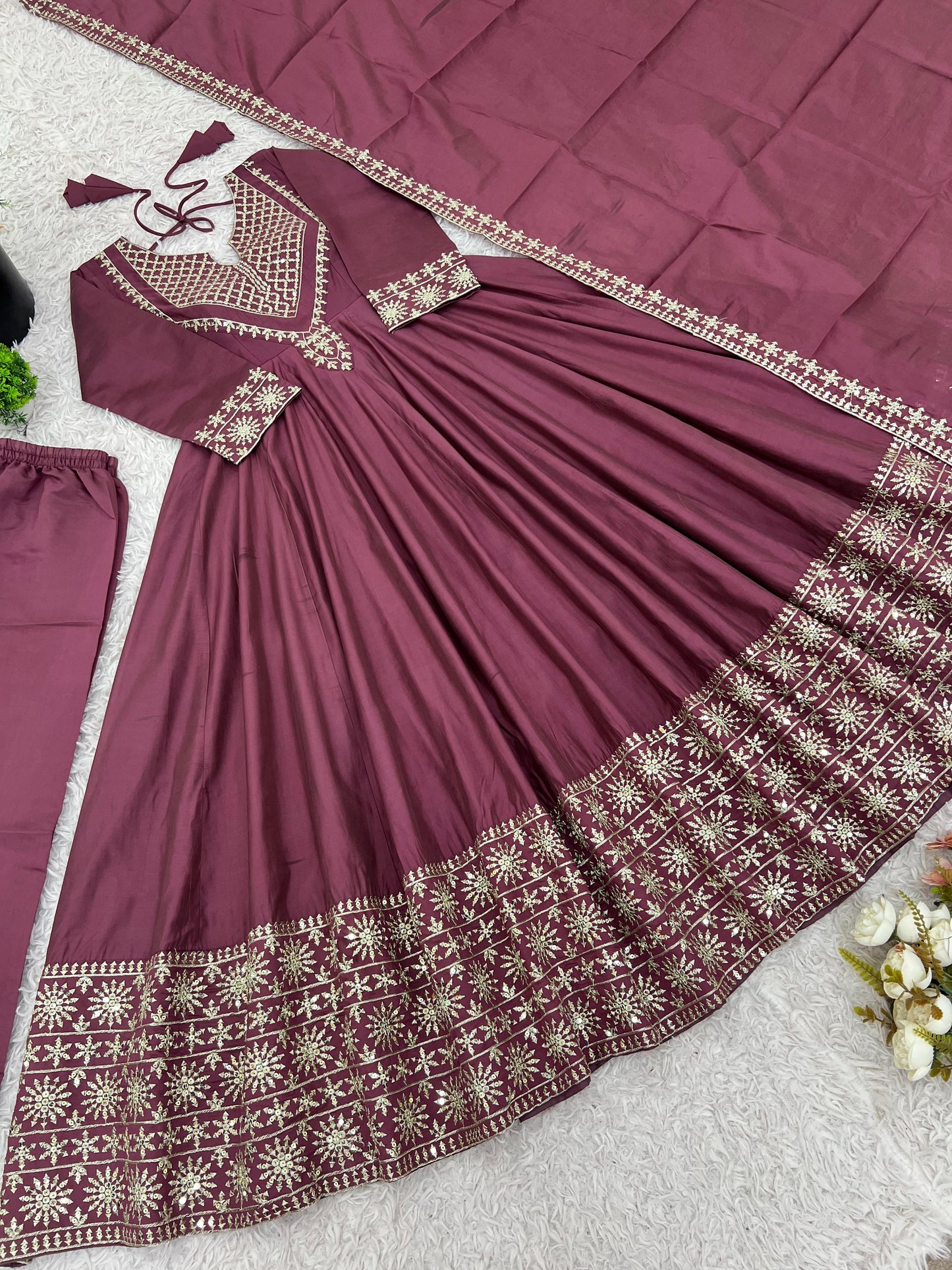 Presenting New Designer Collection In Roman simmer silk With Embroidery Work Top-Bottom And Dupatta Set Fully Stitched Ready To Wear