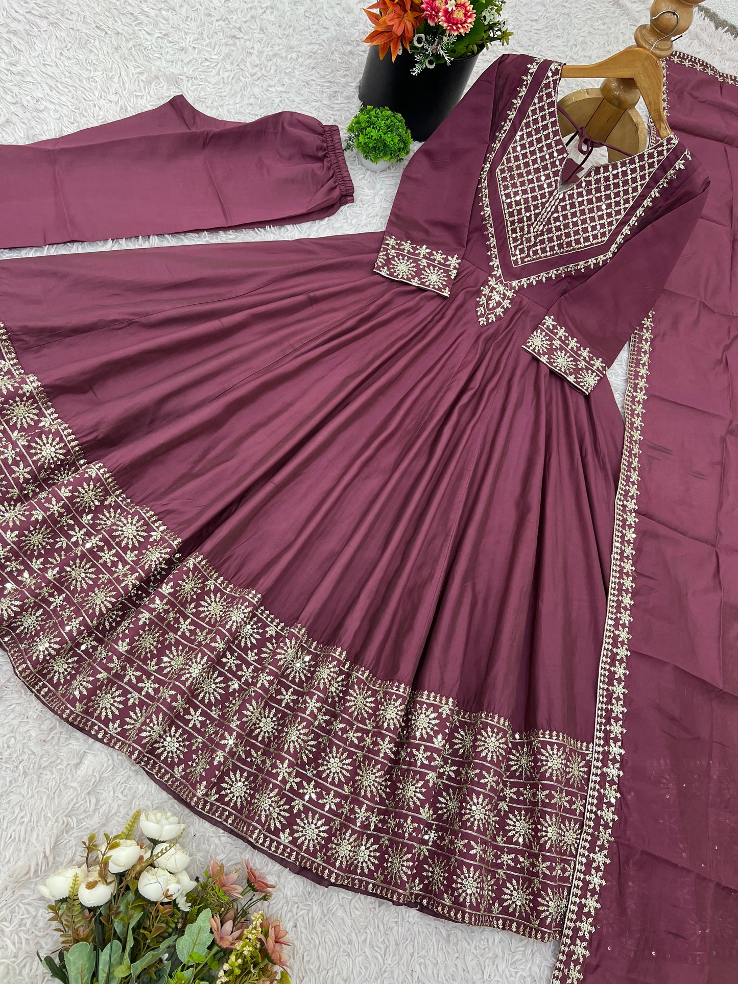 Presenting New Designer Collection In Roman simmer silk With Embroidery Work Top-Bottom And Dupatta Set Fully Stitched Ready To Wear