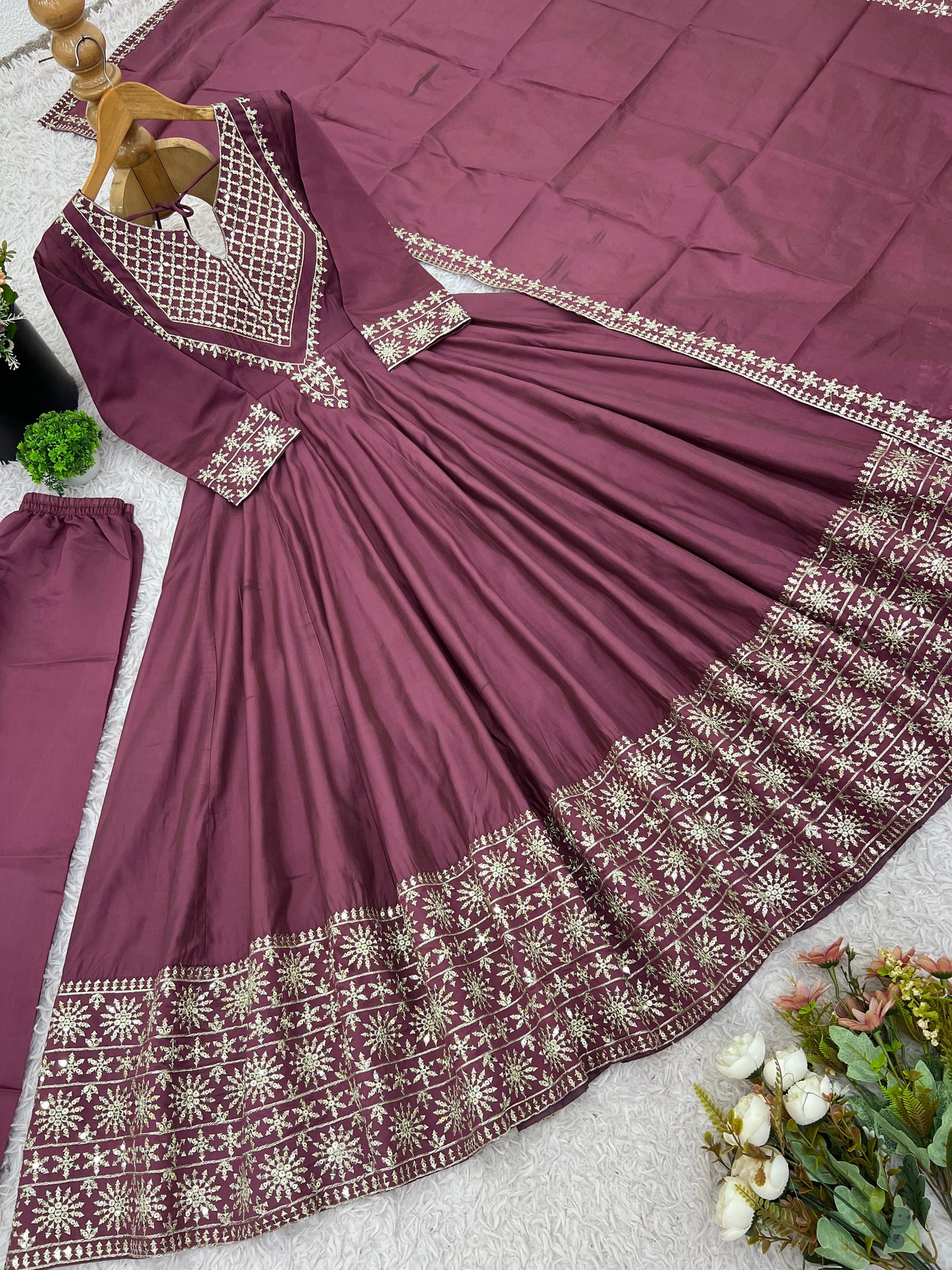 Presenting New Designer Collection In Roman simmer silk With Embroidery Work Top-Bottom And Dupatta Set Fully Stitched Ready To Wear