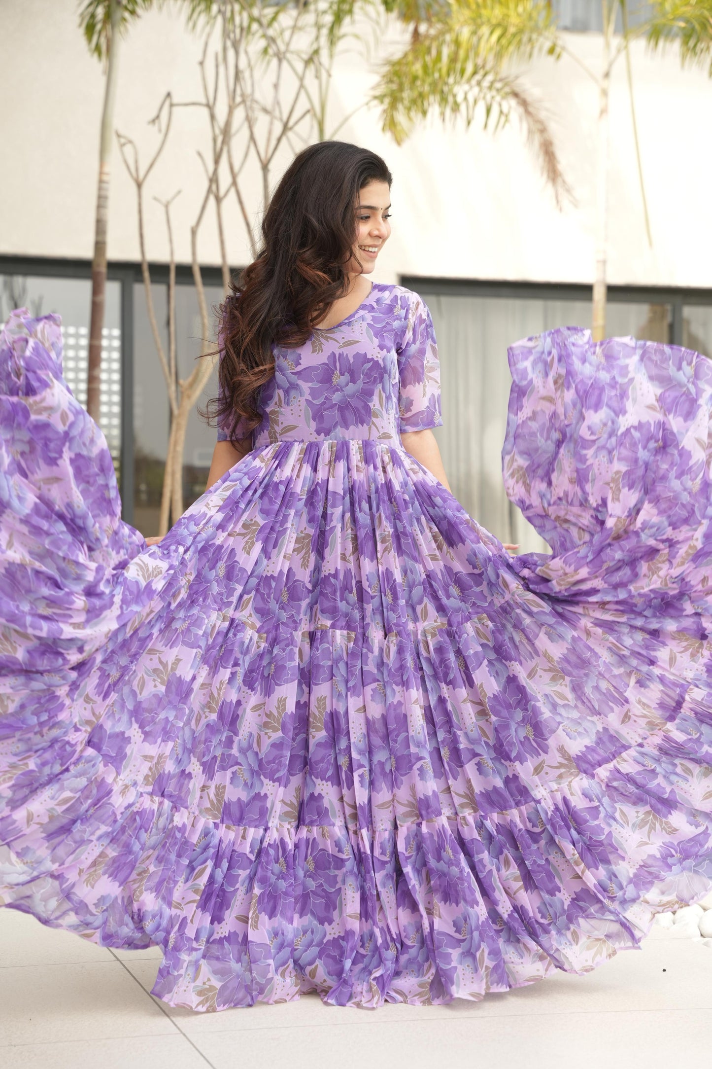 Desirable Women's Fully Flair Gown Made With Faux Georgette Fabrics With Print