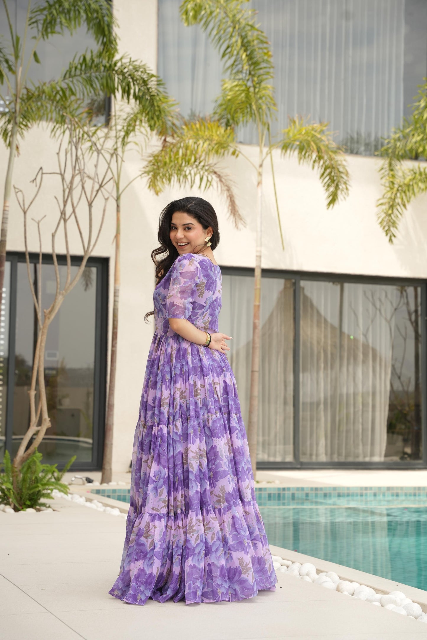 Desirable Women's Fully Flair Gown Made With Faux Georgette Fabrics With Print
