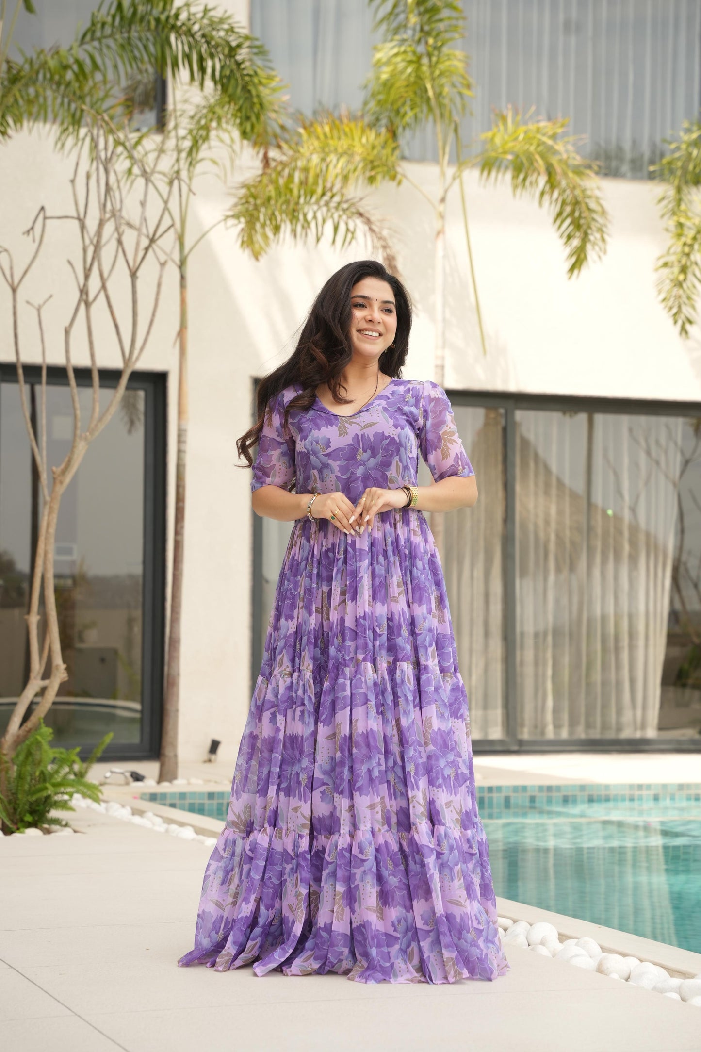 Desirable Women's Fully Flair Gown Made With Faux Georgette Fabrics With Print