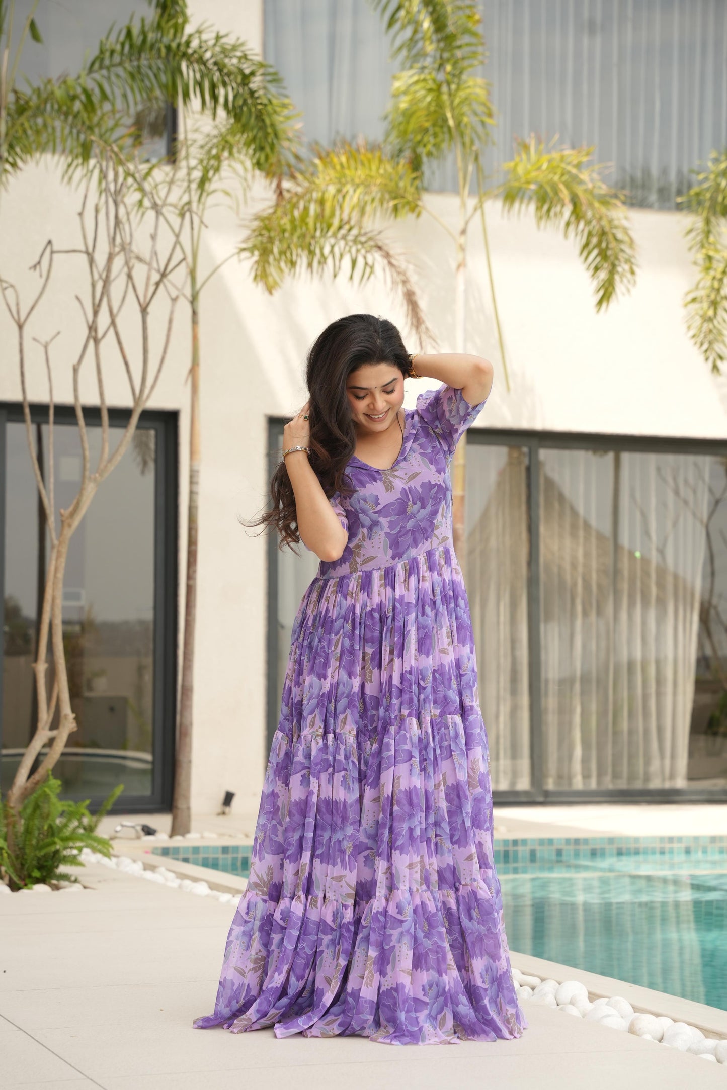 Desirable Women's Fully Flair Gown Made With Faux Georgette Fabrics With Print