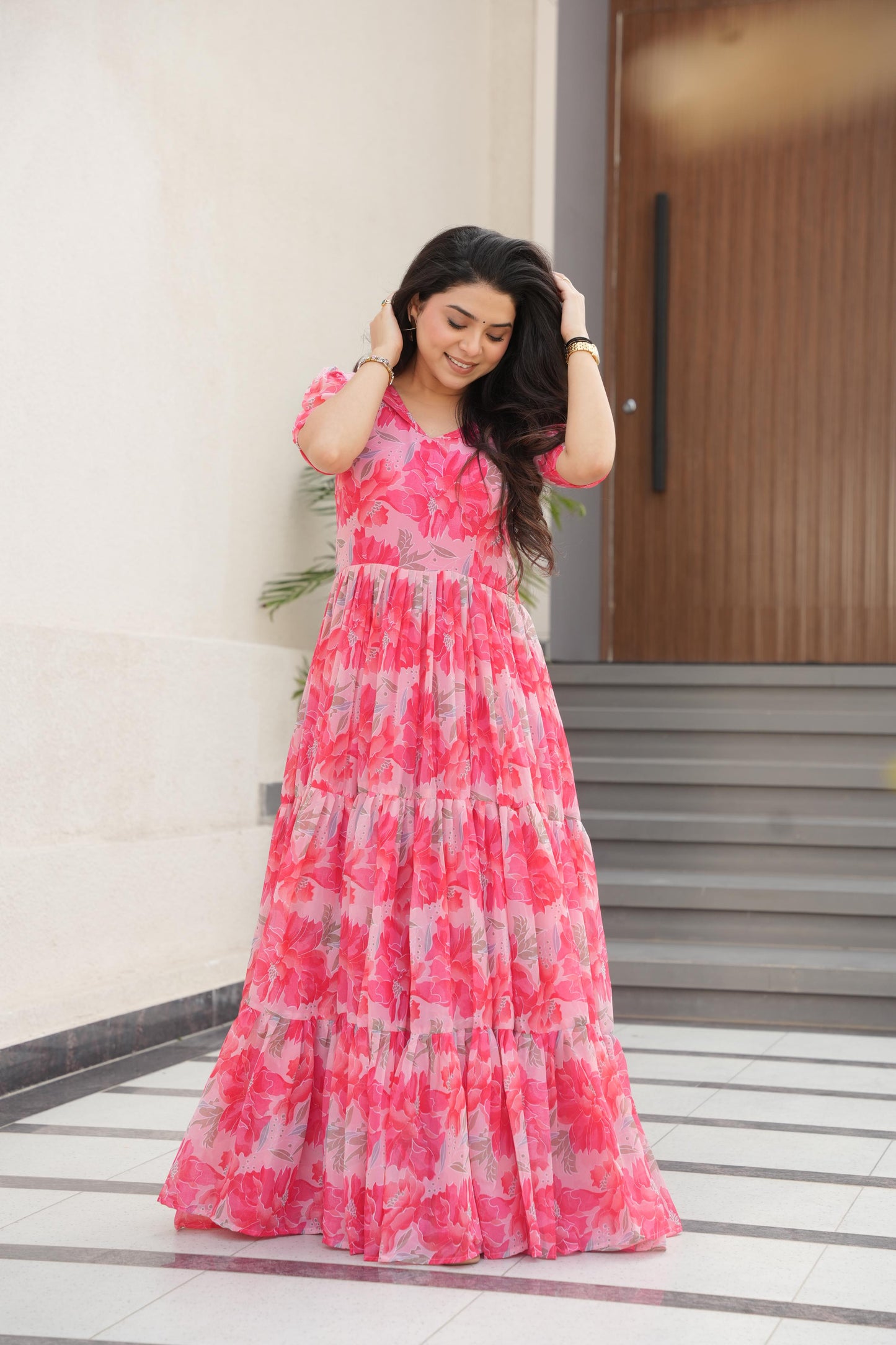 Desirable Women's Fully Flair Gown Made With Faux Georgette Fabrics With Print