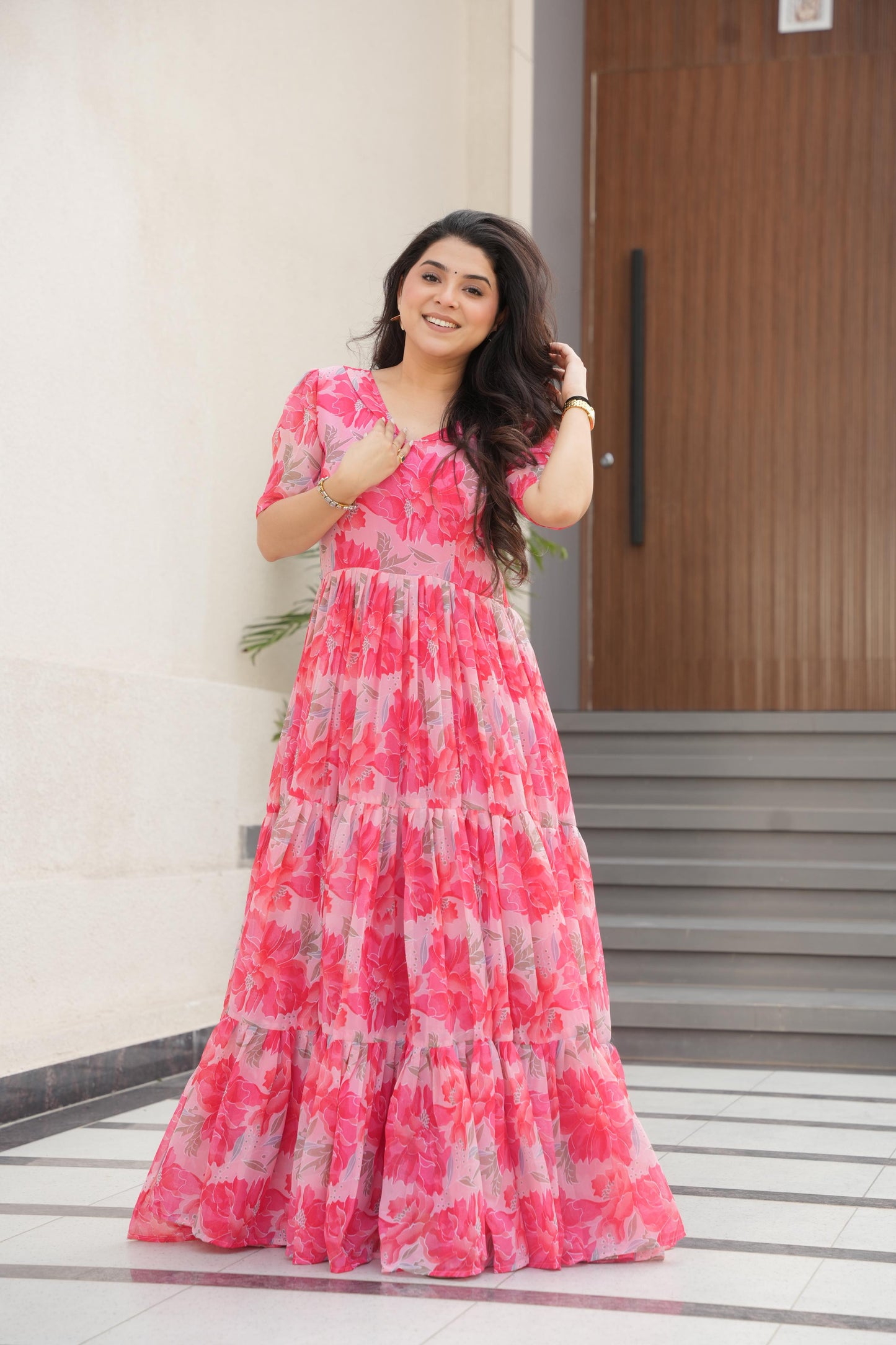 Desirable Women's Fully Flair Gown Made With Faux Georgette Fabrics With Print