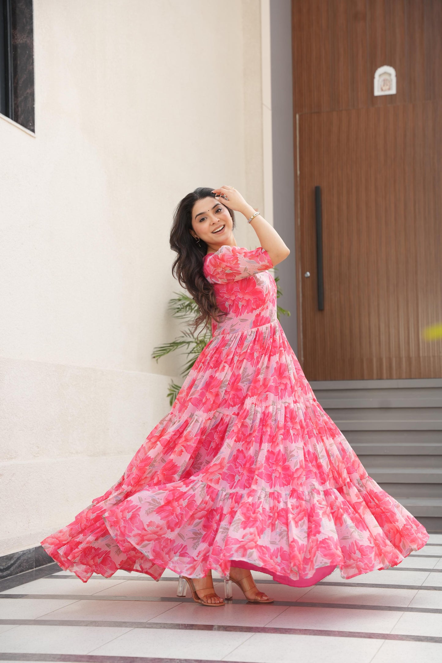 Desirable Women's Fully Flair Gown Made With Faux Georgette Fabrics With Print
