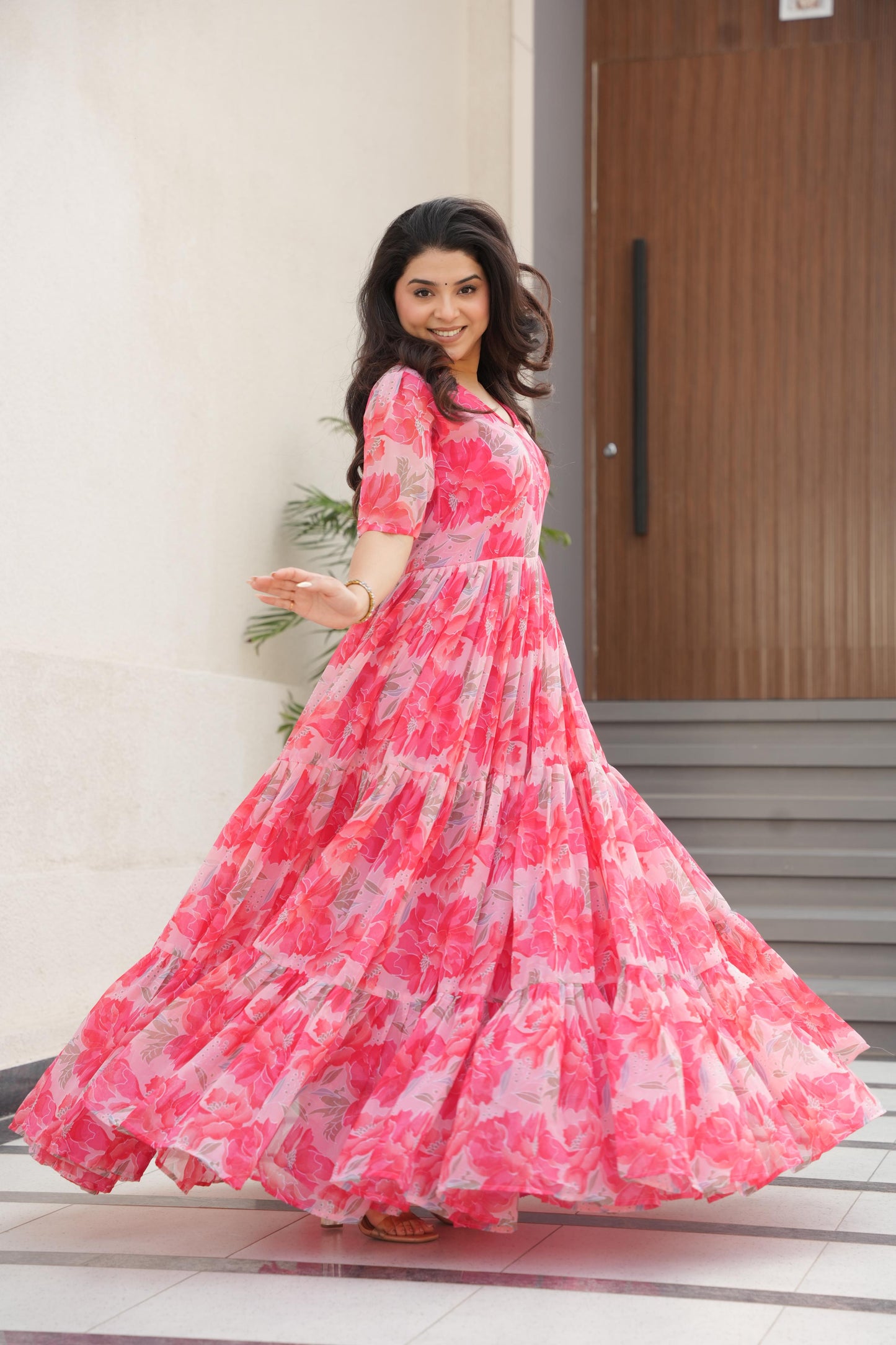 Desirable Women's Fully Flair Gown Made With Faux Georgette Fabrics With Print