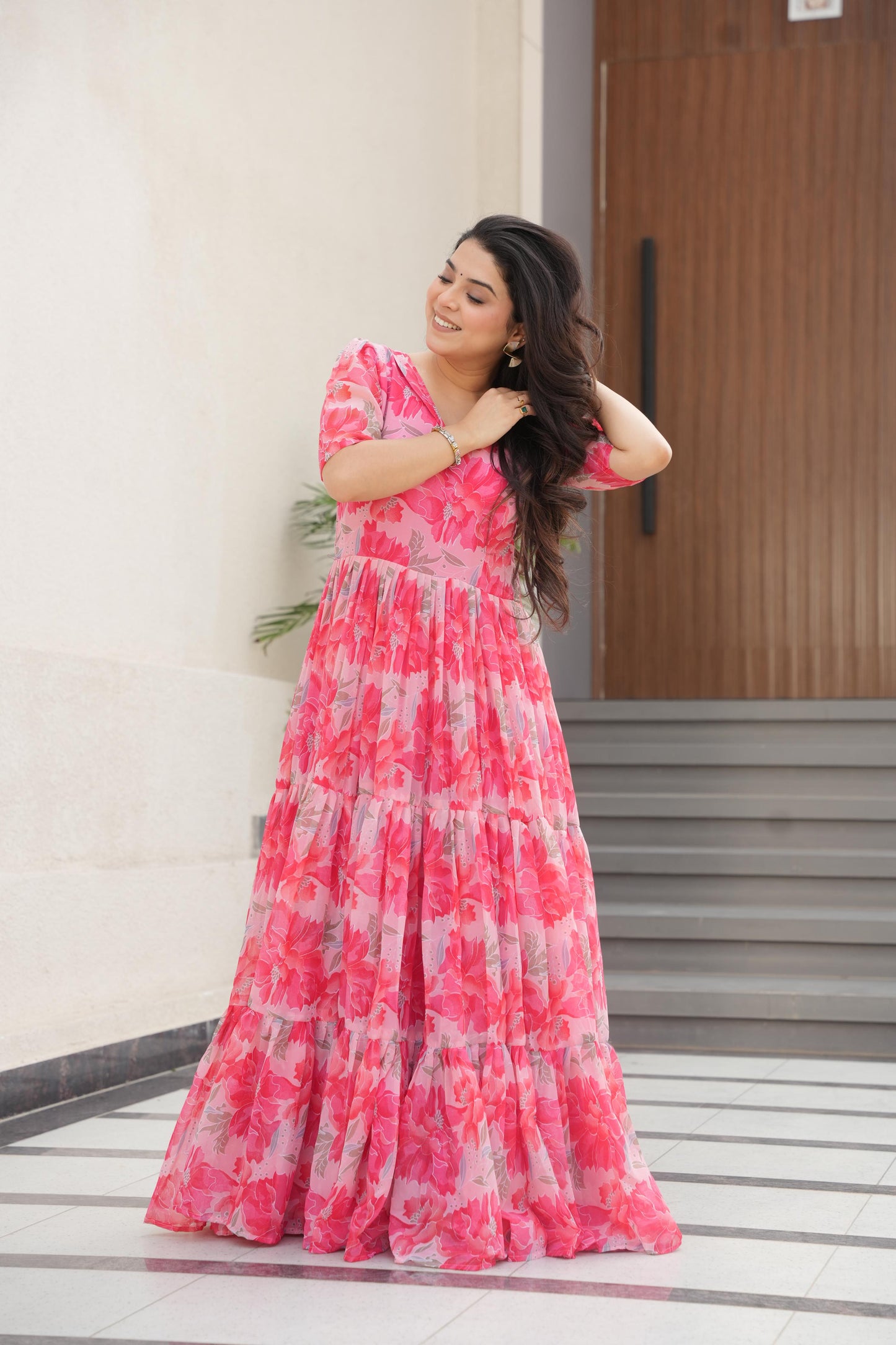 Desirable Women's Fully Flair Gown Made With Faux Georgette Fabrics With Print