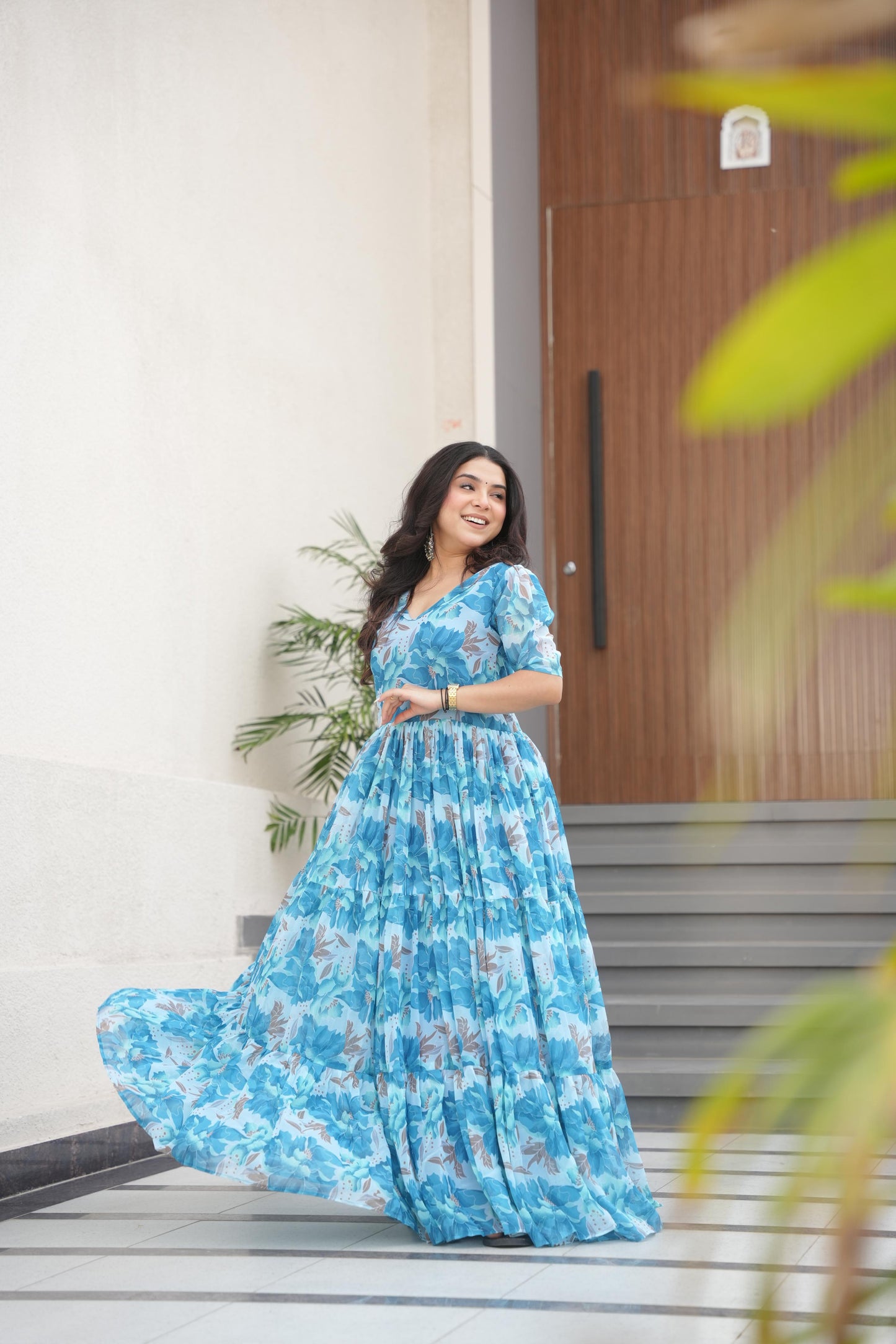 Desirable Women's Fully Flair Gown Made With Faux Georgette Fabrics With Print