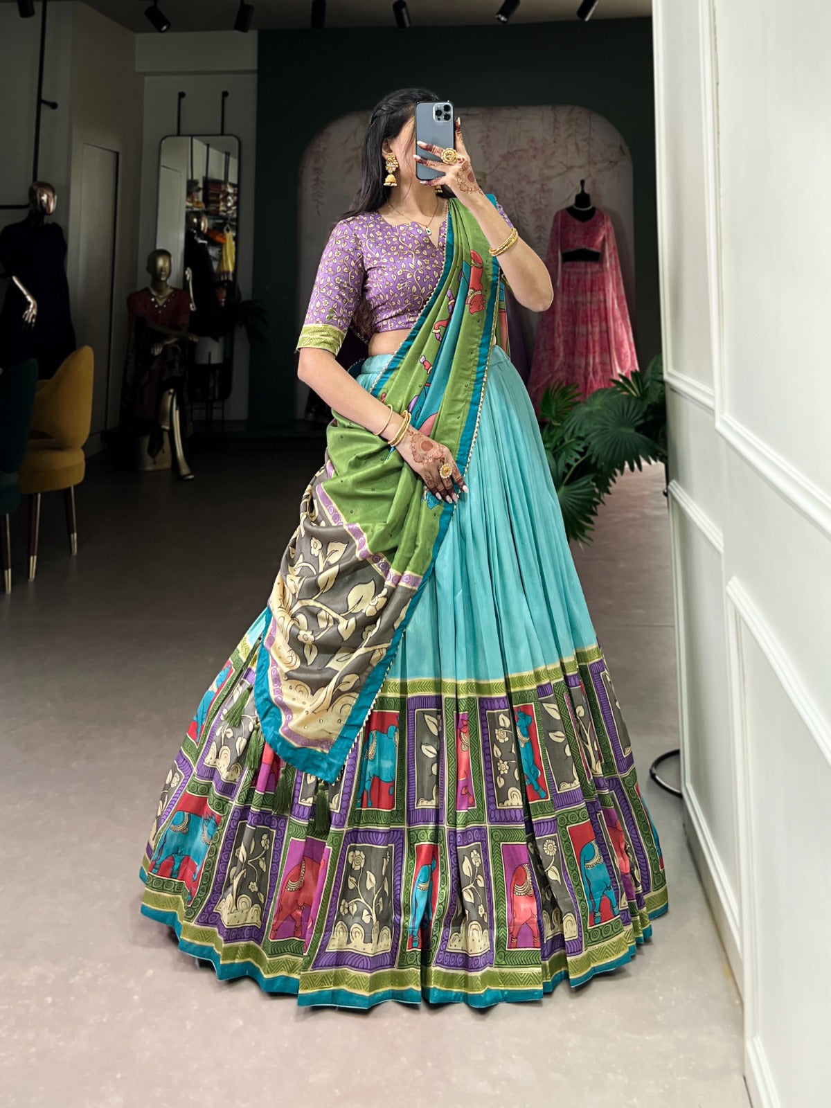 Women's Tussar Silk Lehenga Choli Set with Floral and Foil Print
