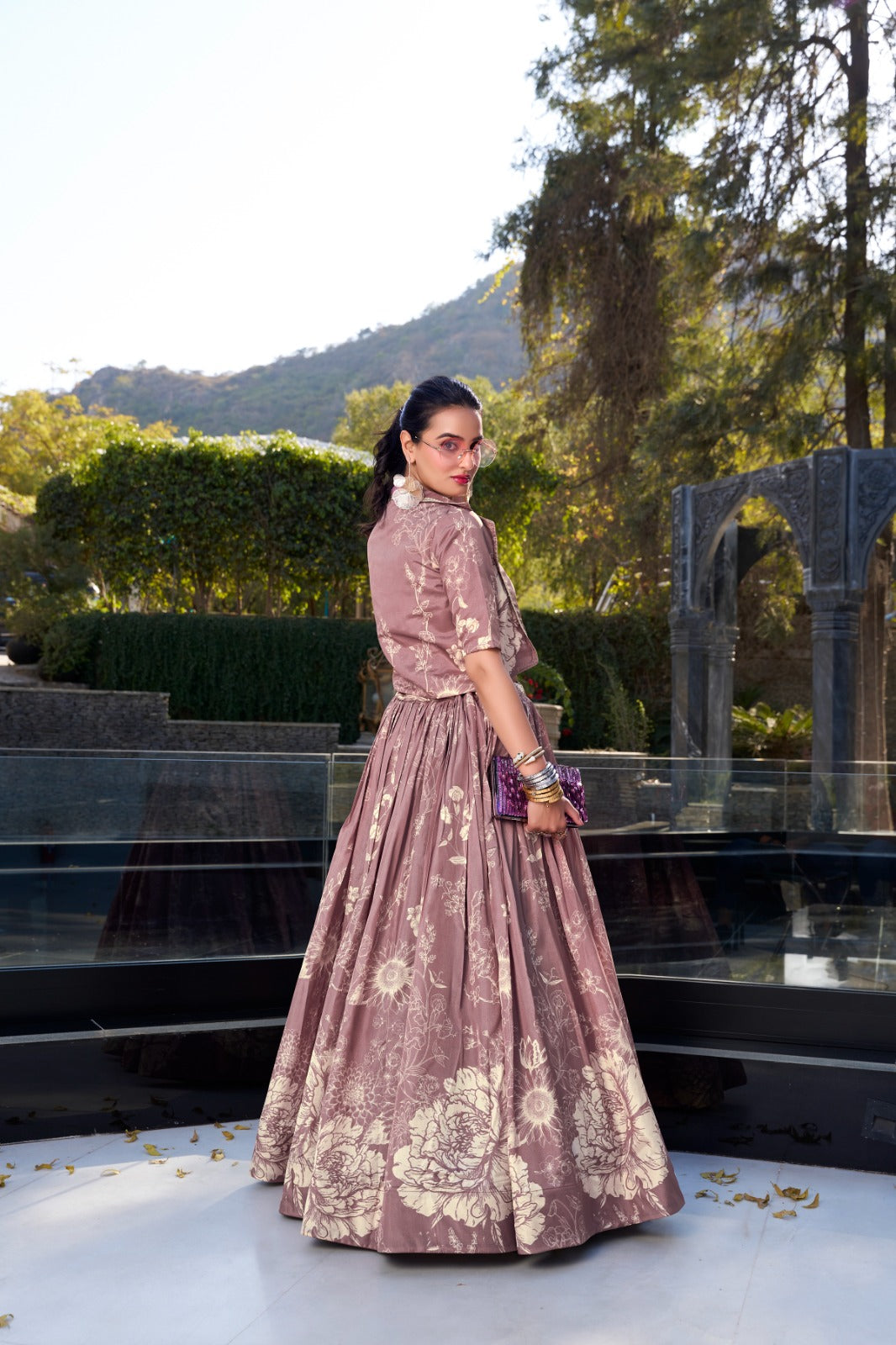 Tussar Silk Floral Print Jacket Lehenga Set Festive Wear