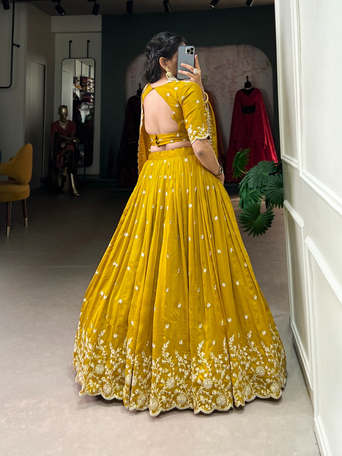 Mustard Golden Embroidered Vichitra Silk Lehenga Set with Sequins Detailing