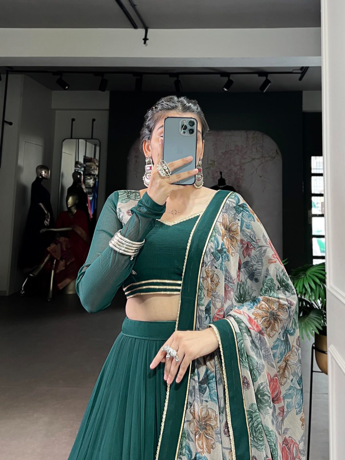 Memorial Green Thread embroidered Work Georgette Lehenga Choli