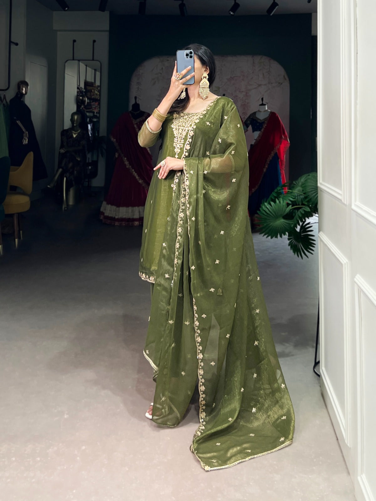 Mehendi Kurti Pant in Gold Coin With Sequence Embroidery and Dupatta